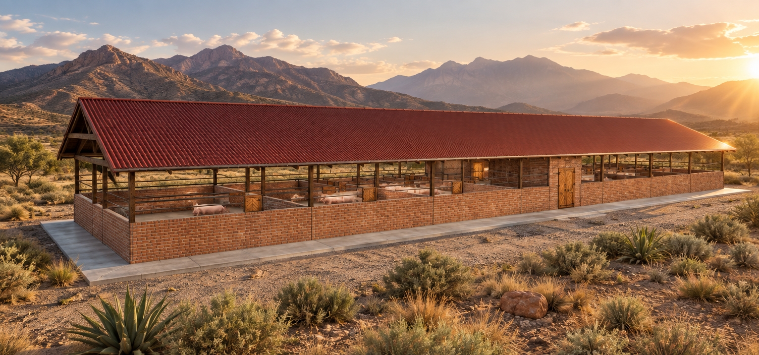 An incredibly lifelike, richly detailed, photorealistic wide-angle architectural exterior shot of a long, professional-grade piggery facility set against the backdrop of a serene, arid desert retreat with rugged, sun-drenched mountains in the distance. The scene is illuminated by the crisp, golden light of the late afternoon sun, casting long, soft shadows and creating a warm, tranquil atmosphere. Captured with a 24mm wide-angle lens, the composition emphasizes the clean lines of the facility, featuring high-quality red clay brick walls, weathered wooden stall doors with intricate chevron detailing, and a corrugated iron roof finished in a deep, matte-red patina. A pristine paved walkway skirts the building, providing a clean transition to the surrounding desert landscaping, which is dotted with low-maintenance succulents and native grasses. Within the individual airy, open-concept pens, several healthy pigs are visible, resting on the clean concrete floors, while the open-sided design allows for optimal natural ventilation. The depth of field is expertly managed, keeping the sharp architectural textures of the brickwork in crisp focus while allowing the vast, hazy blue mountain peaks to recede into a soft, dreamlike horizon.