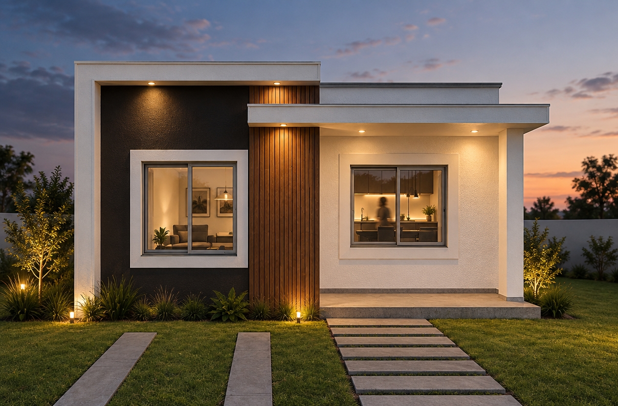 Architectural photograph of the minimalist house facade maintaining the exact framing and geometry, captured at dusk with a balanced twilight sky. Warm recessed downlights embedded in the exterior ceiling soffit cast soft downward pools of light across the textured white plaster, vertical wood slats, and matte charcoal wall. A soft, warm ambient glow emanates through the reflective glass windows, subtly revealing faint, blurred human figures inside. The front lawn and concrete pavers show realistic micro-textures, framed straight-on with a sharp architectural lens and natural photographic exposure.