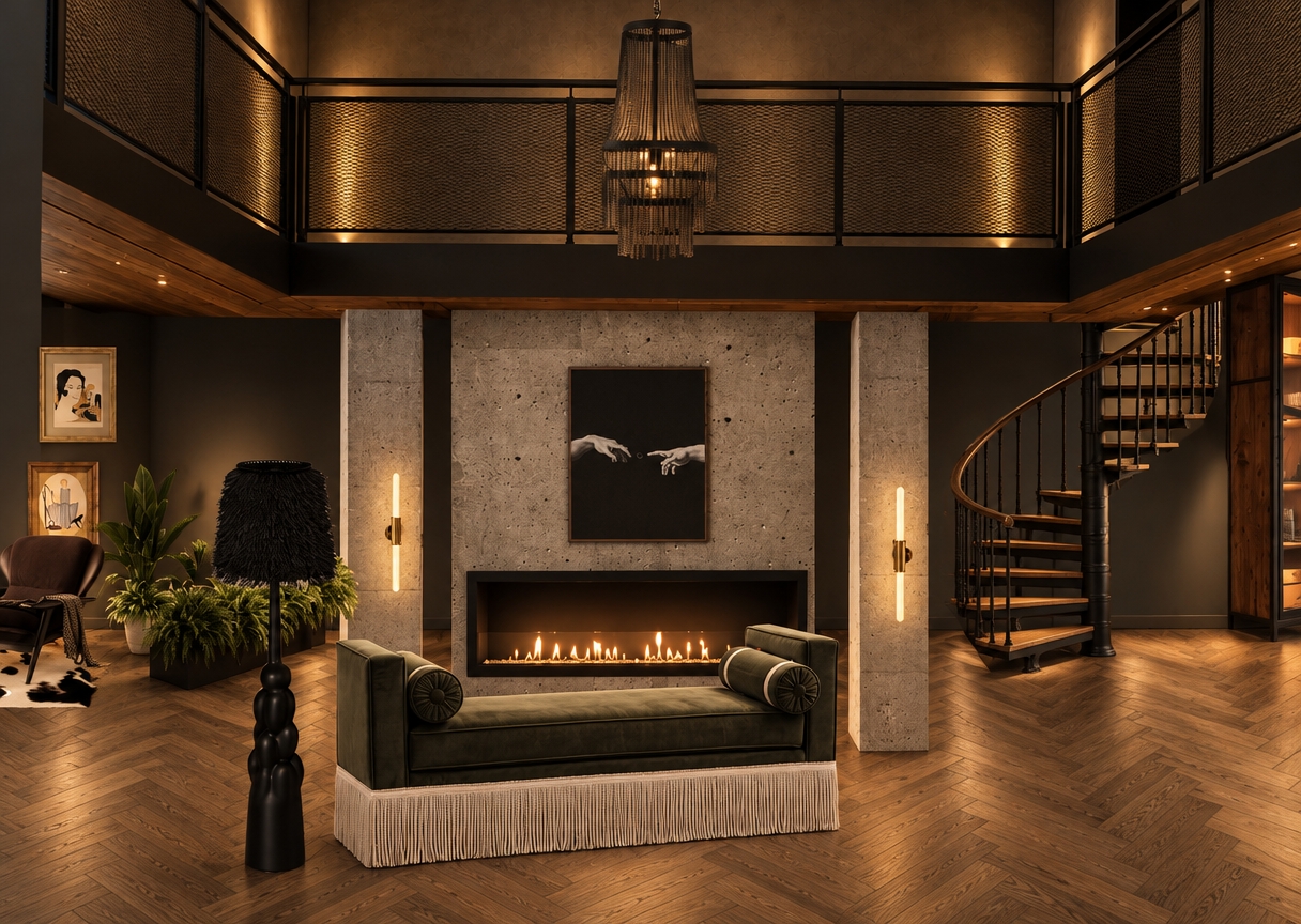 Architectural interior photograph of the double-height space captured with a 35mm lens under warm, moody evening lighting. A chandelier draped in fine black metal chains hangs centrally above the second-floor mezzanine, which features black metal mesh railings subtly illuminated by floor-recessed perimeter spotlights. Slender concrete columns flank the central raw concrete fireplace wall with its glowing linear flame. To the right, a minimalist black metal spiral staircase features warm natural oak treads, perfectly complementing the rich herringbone oak floor with its warm, non-reddish tone. Authentic textures, soft directional shadows, and subtle photographic grain complete the realistic interior.