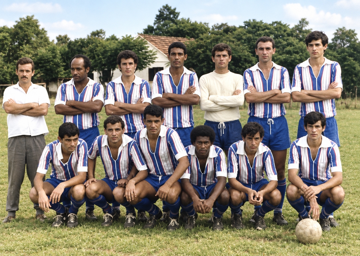 A sharp, realistic full-color outdoor photograph restoring the original soccer team portrait, preserving the exact arrangement, composition, and poses on the grass field. The striped athletic jerseys are rendered with rich broad blue stripes accented by thin red pinstripes on white fabric, accompanied by deep blue shorts and socks, while the goalkeeper wears a long-sleeved cream shirt and the man on the left wears a white collared shirt. Soft, natural daylight illuminates the players, bringing out clear facial features, realistic skin tones, and authentic fabric textures, set against vibrant green trees and the distant rural house under a bright, softly diffused sky.