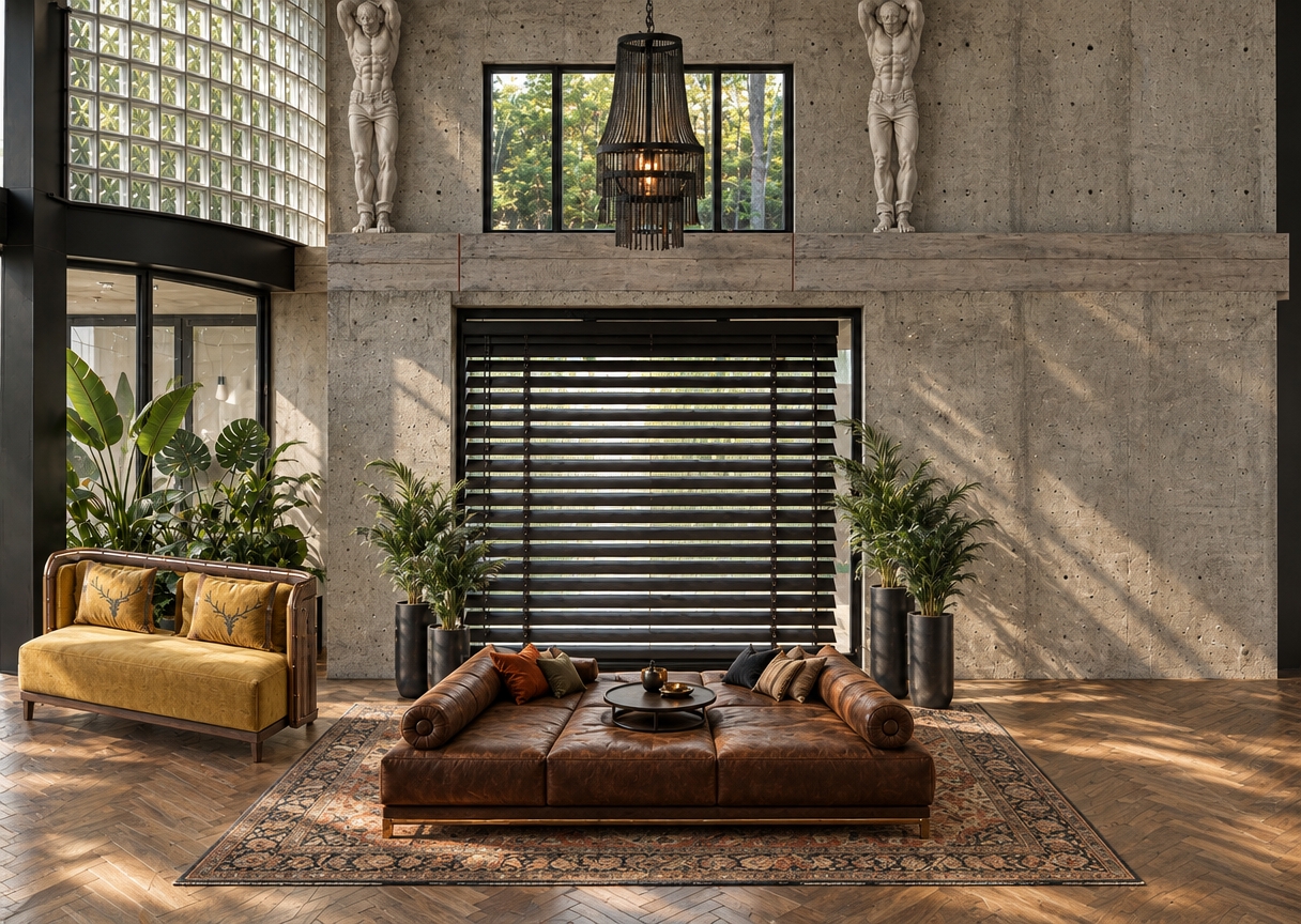 Architectural photograph of the brutalist interior, showcasing textured concrete walls and seamlessly matched cast-concrete Atlas sculptures. A draped black metal chain chandelier hangs from the ceiling, casting soft ambient light. The central lounge island is wrapped in matte, subtly distressed whiskey-brown leather with natural creases, elevated on a solid wooden frame and set over an antique ornamental rug extending beyond its base onto the herringbone wood floor. On the left, the accent couch is turned in profile to display its detailed side view. Diffused daylight streams through the upper window and horizontal blinds, creating authentic soft shadows, tactile surface micro-textures, and realistic photographic depth captured through a crisp architectural lens.