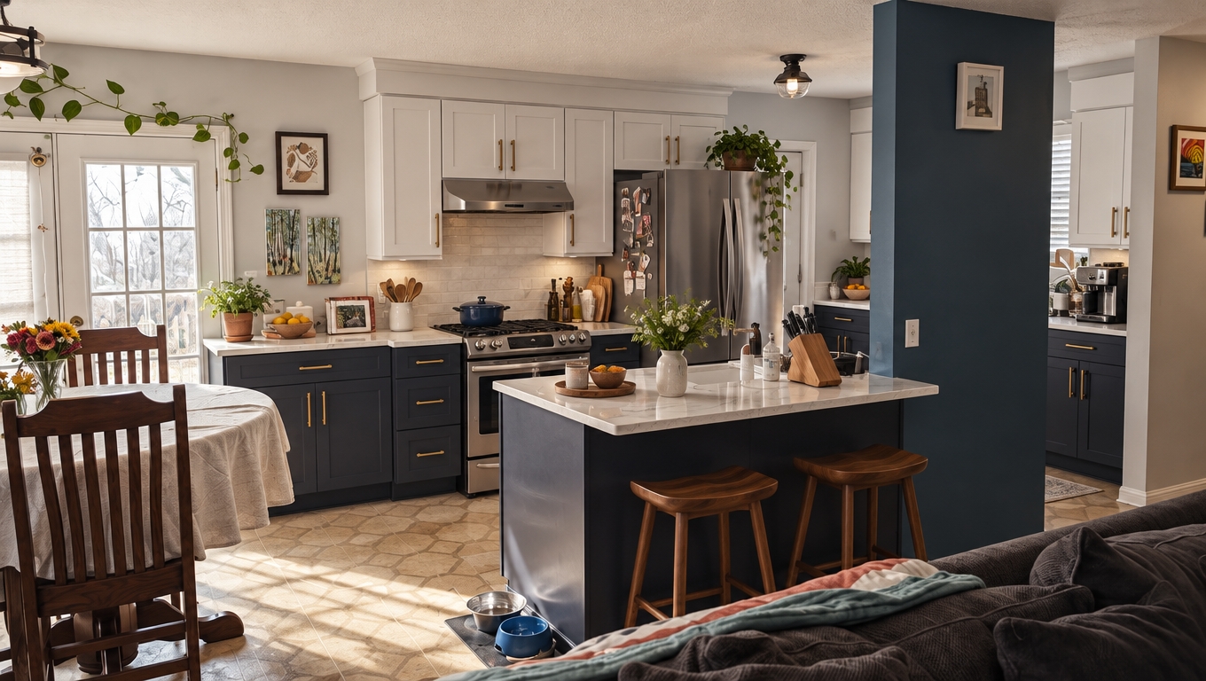 A realistic interior photograph of the kitchen featuring updated two-tone cabinetry—matte white upper cabinets paired with rich, contrasting base cabinets—and polished white stone countertops with faint natural veining, perfectly preserving the existing layout and composition. Bright daylight streams through the glass door, casting authentic angled sunlight and soft shadows across the patterned floor and island. The scene is captured on a 35mm lens with balanced natural lighting, showcasing subtle surface wear, realistic reflections, delicate clutter textures, and gentle photographic depth of field with fine grain.