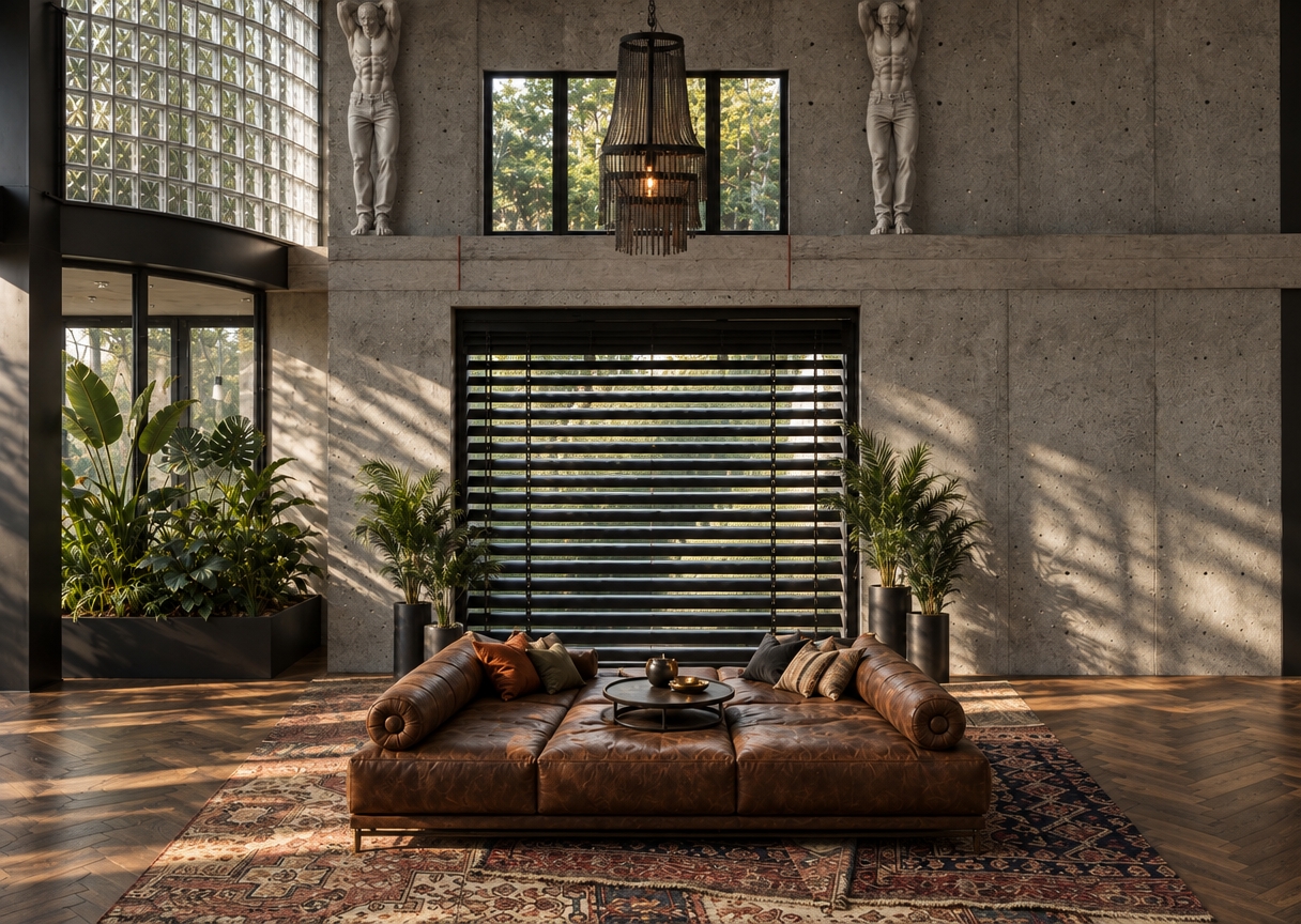 A photorealistic architectural interior photograph capturing the exact composition under soft, natural daylight filtering through the black horizontal blinds and upper window. The central lounge is made of soft, matte distressed brown leather with realistic creasing and natural patina, resting on chaotically overlapping, cut antique rugs atop herringbone parquet flooring. Overhead, the tiered chandelier constructed from dark draped metal chains emits a subtle warm interior glow. The two sculpted atlantes clad in jeans blend seamlessly into the raw concrete wall, matching its cool gray tone and porous tactile texture. Captured on a sharp 35mm lens with balanced dynamic range, deep natural shadows, authentic surface reflections on the tropical foliage and glass blocks, and fine photographic grain.