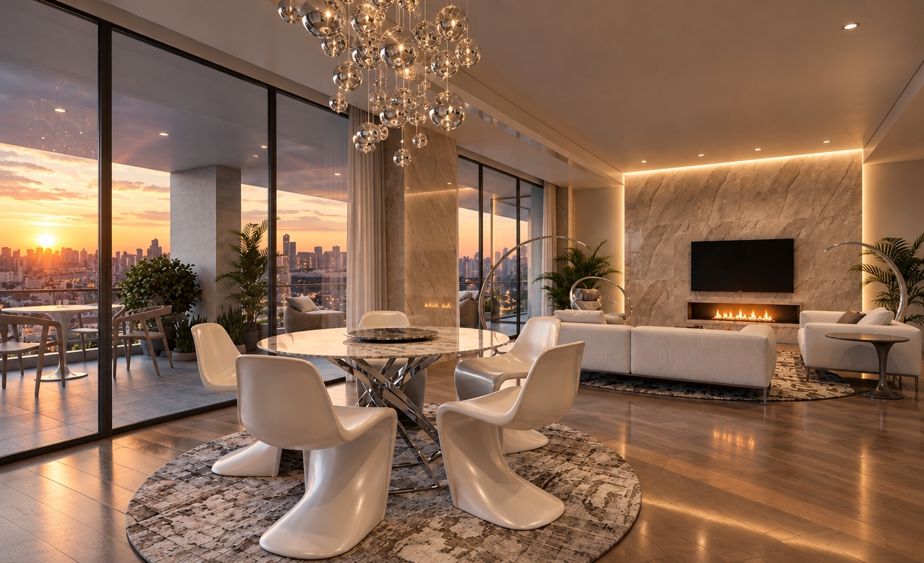 An incredibly lifelike, richly detailed, photorealistic wide-angle interior shot of a minimalist luxury living room set in a high-rise urban environment. The scene is illuminated by the soft, golden glow of an autumnal sunset filtering through expansive glass walls, creating a serene, warm, and sophisticated atmosphere. Captured with a 24mm tilt-shift lens, the image emphasizes the rich texture of the warm oak parquet flooring that flows seamlessly into the room, contrasted by the sleek, slate-grey tiles of the private terrace beyond.

The heart of the space features a dining area anchored by an iconic sculptural table, surrounded by organic, flowing white chairs placed atop a circular patterned rug. Above, a magnificent, bespoke chandelier cascades like a constellation of countless brilliant crystal spheres, refracting the evening light. To the right, a grand feature wall clad in vein-matched natural stone provides a backdrop for a sleek, linear fireplace, where amber flames cast a flickering, cozy radiance across the room. The composition perfectly balances the clean, matte-finished ceiling with the depth of the cityscape, blurring the lines between indoor comfort and the fading light of the twilight horizon.