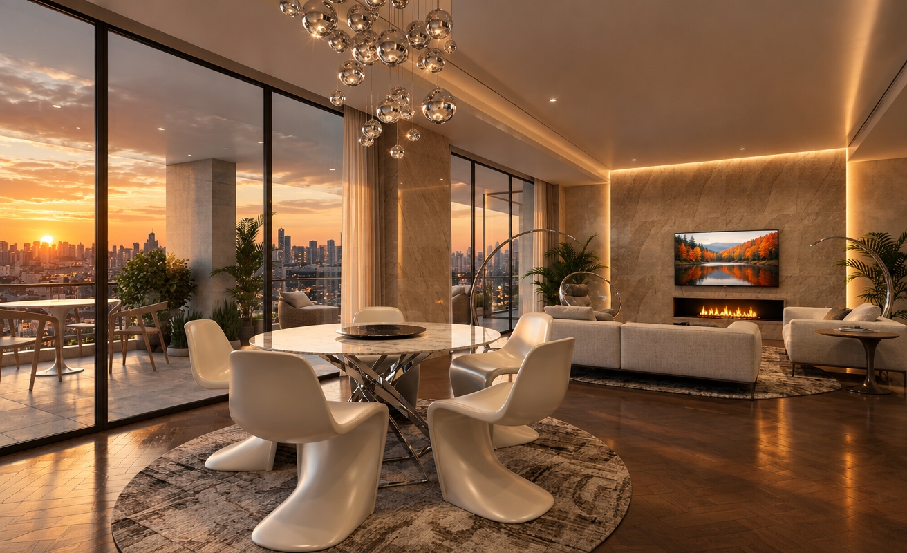 An incredibly lifelike, richly detailed, photorealistic interior shot of a minimalist luxury living space set in a high-rise urban environment during an autumn sunset. The scene is illuminated by the soft, amber glow of the setting sun, reflected off the matte ceiling and the warm, golden flicker of the built-in fireplace, creating a sophisticated and cozy atmosphere. Captured with a 35mm wide-angle lens, the image emphasizes the contrast between the rich, dark oak parquet flooring inside and the textured stone tiles on the expansive terrace. Above the marble dining table, a cascading chandelier of numerous glistening crystal spheres creates brilliant refracted highlights. The wide-screen television is active, displaying a vibrant, crisp autumn forest landscape that complements the twilight city vista visible through the floor-to-ceiling glass. Every element, from the seamless transition between the indoor living area and the outdoor balcony to the deep, inviting tones of the furniture, is rendered with absolute clarity and precision.