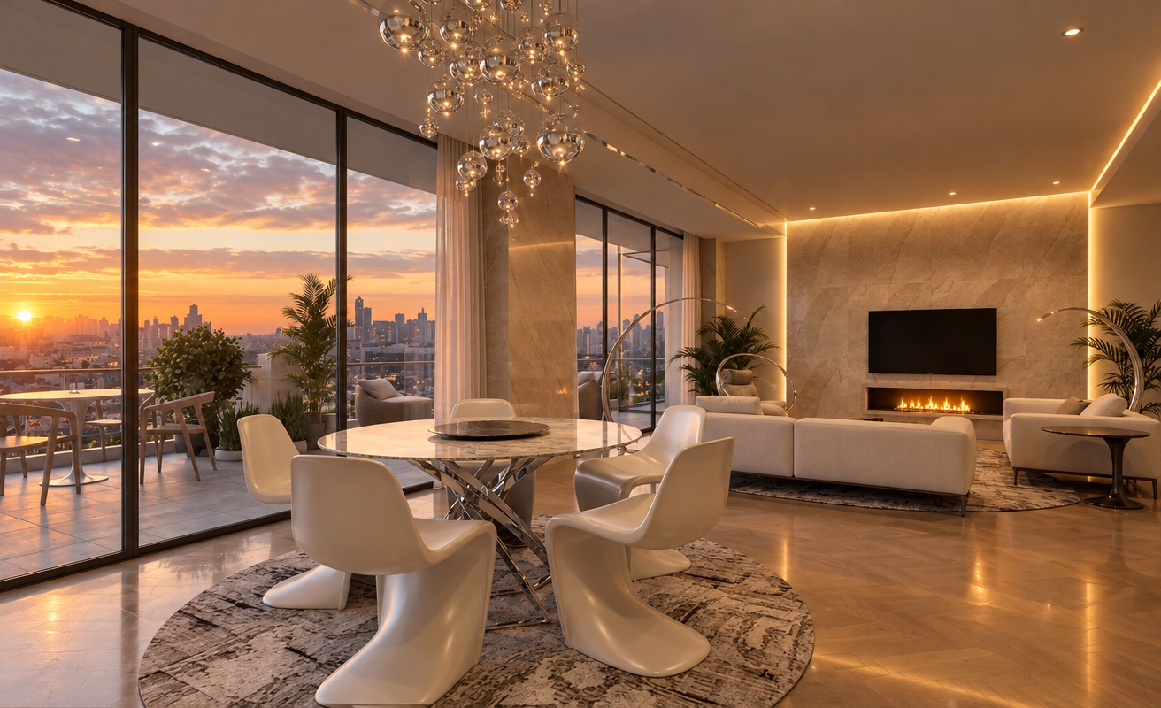 An incredibly lifelike, richly detailed, photorealistic interior shot of a minimalist luxury living space set in a high-rise urban environment. The scene is illuminated by the warm, amber glow of an autumnal sunset pouring through floor-to-ceiling glass walls, complemented by the flickering golden embers of a linear fireplace, creating a tranquil and sophisticated atmosphere. Captured with a 35mm wide-angle lens, the image emphasizes the rich, organic texture of the warm-toned wooden parquet flooring in the lounge, which transitions seamlessly to cool-toned, large-format matte tiles on the expansive balcony. A dramatic chandelier featuring a cluster of suspended, reflective crystal spheres creates a dazzling focal point above the marble-topped dining table. The matte finish of the ceiling adds a soft, diffused quality to the ambient light, while the clean lines of the white sculptural chairs and plush seating reinforce a minimalist aesthetic. Beyond the glass, the city skyline fades into the twilight, providing a breathtaking, depth-filled backdrop that bridges the refined interior comfort with the vast, cooling horizon of the city.