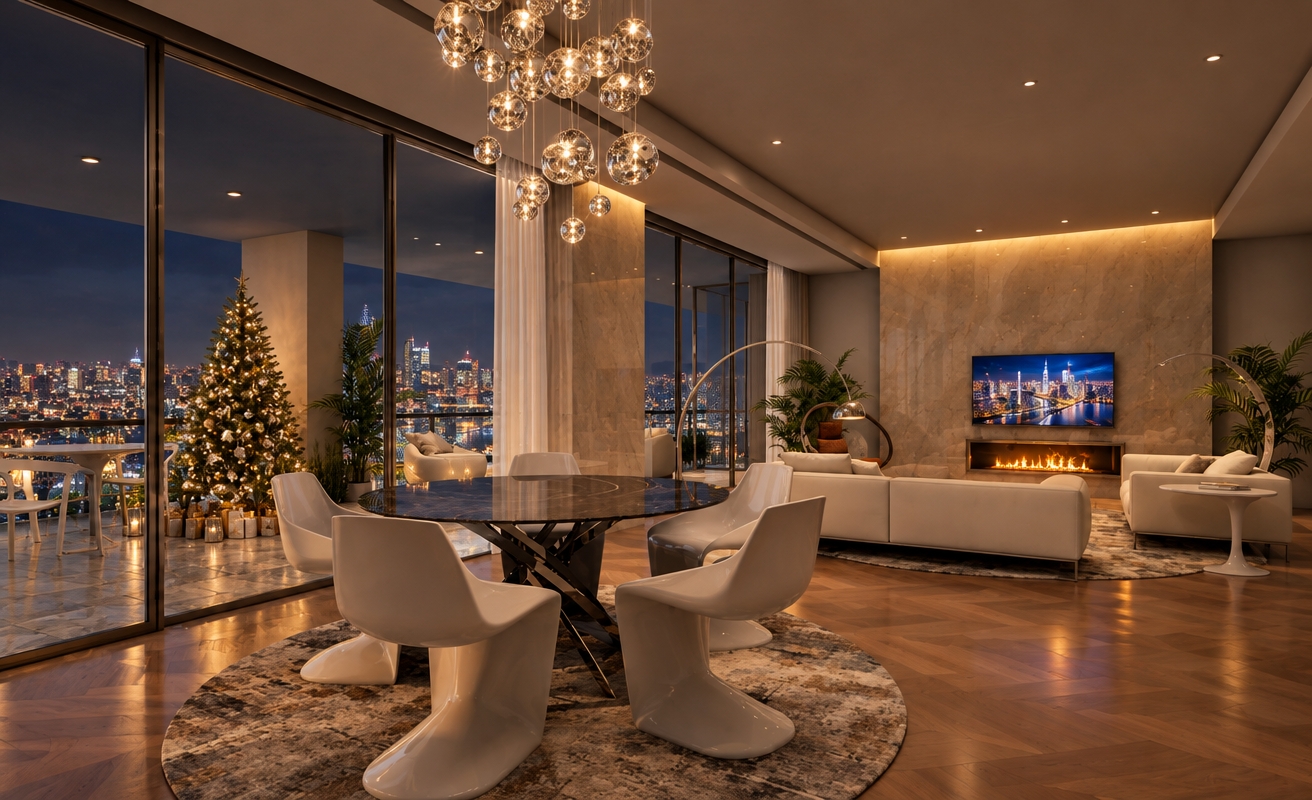 An incredibly lifelike, richly detailed, photorealistic interior shot of a sophisticated living room set in a high-rise urban environment at night. The scene is illuminated by the soft, golden glow of a flickering fireplace and the ambient light emanating from the television, which displays a vibrant nighttime cityscape, creating an intimate and cozy atmosphere. Captured with a wide-angle 24mm lens, emphasizing the deep contrast between the warmth of the room and the cool, sprawling city lights visible through the floor-to-ceiling glass walls.

The room features a refined matte ceiling that grounds the space, contrasting beautifully with the rich, warm-toned parquet flooring that spans the living area. At the dining focal point, a stunning sculptural chandelier dripping with dozens of sparkling crystal spheres hangs over a sleek table, while to the left, a beautifully decorated Christmas tree adds a touch of festive warmth against the glass. The expansive terrace outside features textured, weather-resistant stone tiling that catches the reflected glow from the interior. The design is a true minimalist haven, where the clean lines of the white furnishings and the depth of the night panorama blend seamlessly to create a tranquil, luxury living experience.