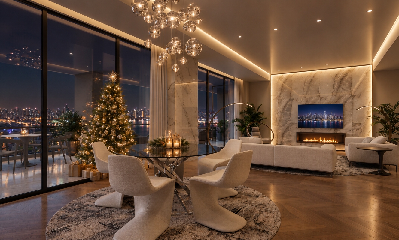 An incredibly lifelike, richly detailed, photorealistic interior photo of a minimalist luxury living space set in a high-rise apartment at night. The scene is illuminated by the soft, ambient glow of a crackling fireplace and the cool, ethereal light reflecting off the television screen, creating a sophisticated and cozy holiday atmosphere. Captured with a wide-angle 35mm lens, emphasizing the seamless transition between the warm, inviting interior and the sprawling, glittering night panorama of the city beyond the floor-to-ceiling glass.

The room features a refined aesthetic: a sophisticated matte ceiling contrasted by rich, warm parquet wood flooring that grounds the space. To the left of the sleek dining table, a stunning, elegantly decorated Christmas tree glows with festive warmth. Above the glass-topped dining table, a magnificent chandelier composed of a constellation of polished crystal orbs casts subtle, dancing highlights across the room. The transition to the terrace reveals a balcony finished in premium oversized porcelain tiles, overlooking the vibrant urban skyline. The overall composition is a perfect balance of modern minimalism and festive comfort, where the natural stone-clad wall with an integrated, flickering fireplace serves as the heart of this high-end residential sanctuary.
