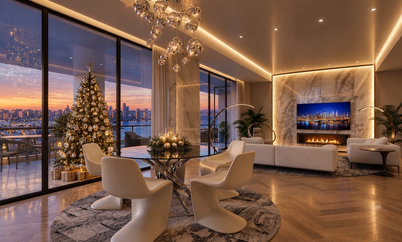 An incredibly lifelike, richly detailed, photorealistic wide-angle interior shot of a luxury minimalist living room set in a high-rise urban environment. The scene is illuminated by the soft, golden glow of a winter sunset bleeding into a deep blue twilight, creating a sophisticated and cozy atmosphere. Captured with a 35mm lens, emphasizing the intricate textures of the warm oak parquet flooring, the velvety matte finish of the ceiling, and the sharp reflections in the crystal-sphere chandelier. 

The room is anchored by a stately, glowing fireplace and a large television displaying a vibrant nocturnal city panorama. To the left of the sleek glass dining table stands a lush, illuminated Christmas tree, its twinkling lights reflecting off the expansive floor-to-ceiling windows that lead to a terrace featuring modern outdoor tiling. The marble-clad accent wall, highlighted by integrated perimeter LED lighting, provides a sharp, luxurious contrast to the soft white furniture, while the delicate interplay between the indoor warmth and the chilly, purple-hued winter cityscape creates a sense of tranquil elegance.