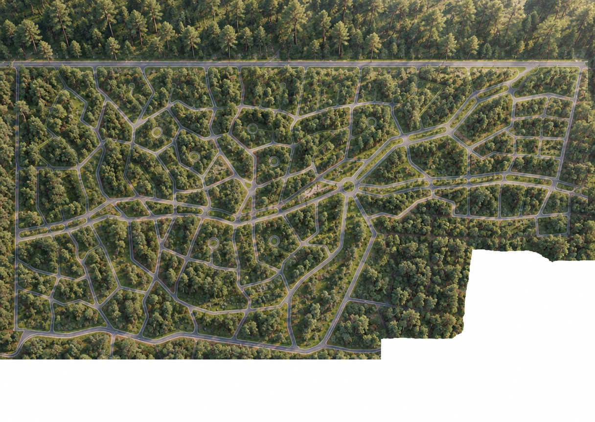 An incredibly lifelike, richly detailed, photorealistic wide-angle street-level shot of an immaculate, empty asphalt avenue curving gracefully through a dense pine forest set in a serene outdoor garden sanctuary. The scene is illuminated by soft, diffused morning sunlight filtering through towering evergreen canopies, creating a tranquil and contemplative minimalist atmosphere. Captured with a full-frame camera and a sharp 35mm lens, emphasizing the smooth, velvety matte finish of the deserted roadway against the rugged, tactile bark of ancient pine trunks. Pristinely manicured patches of wild grass, subtle moss borders, and scattered amber pine needles line the curbs, creating a seamless bridge between refined urban-style pathway design and untamed nature, free from any buildings or distractions.