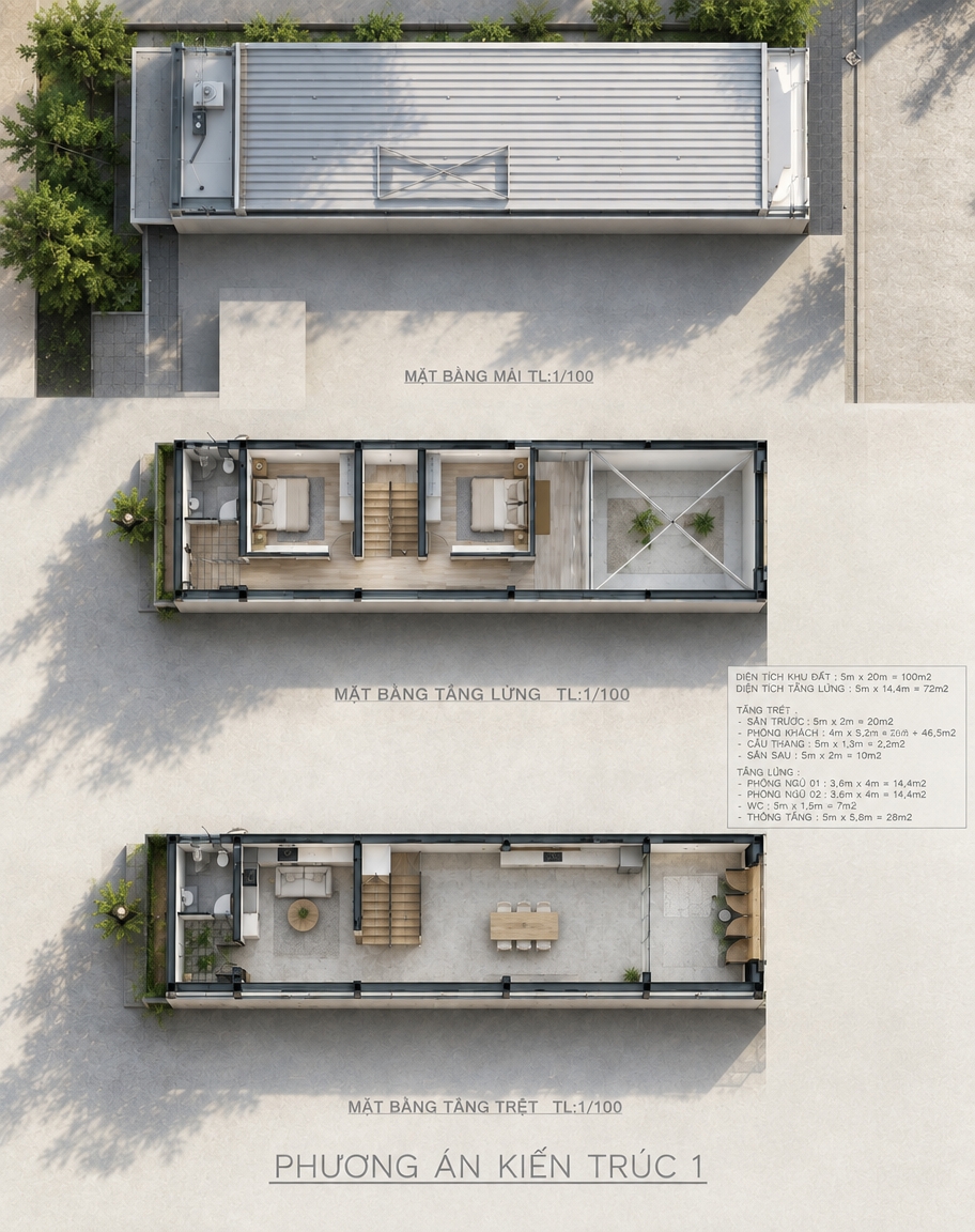 An incredibly lifelike, richly detailed, photorealistic top-down architectural cutaway shot of a modern, multi-tiered residential haven set in a serene urban environment. The scene is illuminated by soft, diffused natural daylight casting gentle, angled shadows across polished concrete patios and light wood floors, creating an uncluttered, Zen-inspired, and deeply tranquil atmosphere. Captured with a medium-format camera and a sharp tilt-shift prime lens, emphasizing the fine textures of microcement flooring, brushed metal framing, smooth corrugated metal roofing, and natural oak millwork. Within the main living and dining levels, functional minimalism reigns supreme with sleek metal-and-wood dining furniture, clutter-free counter spaces adorned only with a refined photography book, subtle indoor plants, and understated abstract elements, all harmonized in a calming palette of soft white, muted grays, and delicate earth tones.