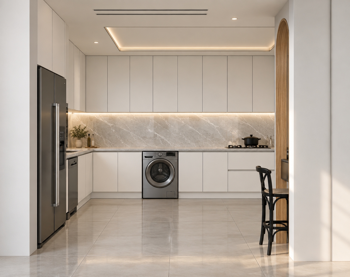 A straight-on architectural photograph capturing this modern kitchen with all spatial geometry and composition preserved, featuring seamless semi-matte white cabinetry across all base, upper, and tall refrigerator surrounds. The countertops and backsplash are crafted from semi-gloss light gray marble with delicate white veining, softly illuminated by warm under-cabinet concealed LED strip lighting that casts a gentle glow onto the polished surfaces. The floor consists of large-format, semi-gloss light ceramic tiles exhibiting realistic ambient reflections and subtle grout lines, while the natural wood arched opening adds warmth to the right edge. Natural daylight mixes with the interior cove and recessed lighting, captured through an eye-level architectural lens with balanced exposure, sharp focus across all planes, and faint, authentic camera grain.