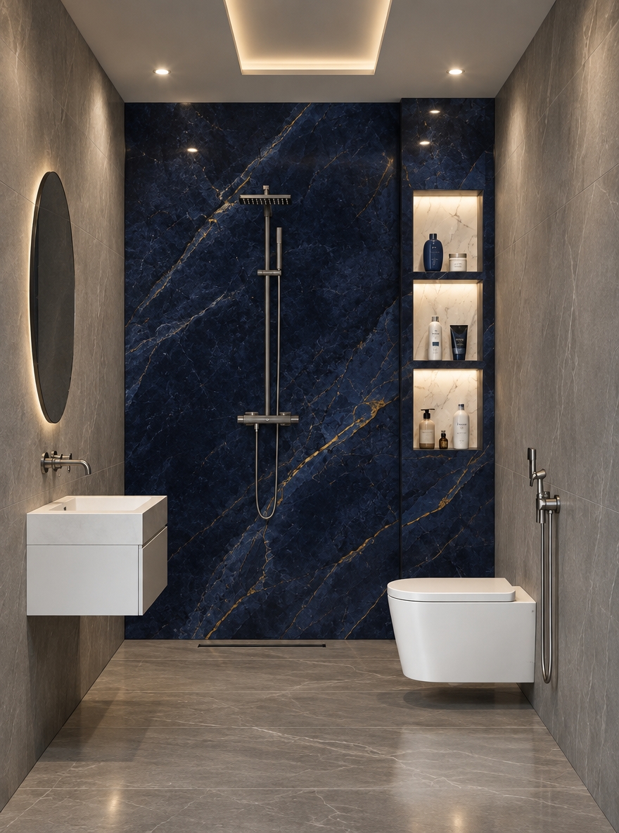 An incredibly lifelike, richly detailed, photorealistic eye-level interior photo of a sophisticated bathroom sanctuary set in a high-end minimalist apartment. The scene is illuminated by soft, diffused recessed lighting that catches the subtle sheen of the surfaces, creating a serene, Zen-inspired atmosphere. Captured with a 35mm wide-angle lens, emphasizing the dramatic contrast between the deep, navy blue marble slab backwall with its striking gold veining and the surrounding cool gray limestone walls.
The composition highlights a streamlined, floating white vanity and a wall-mounted toilet, emphasizing clean lines and an uncluttered floor plane. To the right, a recessed niche lined with pristine white Calacatta marble provides a functional yet elegant display for curated personal care items. The matte black shower fixtures stand out as a modern, sculptural focal point against the dark stone backdrop. Every element feels intentional, from the perfectly circular, frameless vanity mirror reflecting the space to the seamless integration of the walk-in shower drain. The overall aesthetic is one of refined luxury and architectural harmony, where every surface serves a purpose within this tranquil, monochromatic retreat.