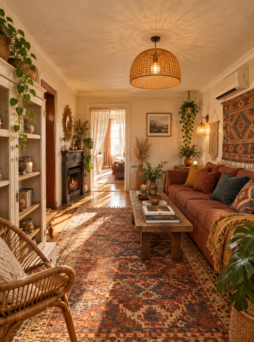 An incredibly lifelike, richly detailed, photorealistic wide-angle interior shot of a reimagined bohemian living room oasis set in a sunlit, character-rich home. The scene is illuminated by warm, golden-hour sunlight filtering through sheer linen drapes and accented by the gentle glow of woven rattan pendant lamps, creating an inviting, free-spirited, and soulful atmosphere. Captured with a professional full-frame camera and a 24mm f/2.8 lens, emphasizing lush organic foliage, intricate textile weaves, and handcrafted artisan surfaces. The once-cramped room is transformed into an eclectic haven, swapping the patterned surfaces for warm off-white lime-washed walls adorned with large, globally-inspired tapestry wall art. At the center, a deep rust-toned linen sofa is layered with rich mustard, terracotta, and deep teal throw pillows, complemented by a low-profile reclaimed-wood coffee table topped with open art photography books and ceramic treasures. In place of the single carpet, beautifully layered vintage kilim and Moroccan rugs spread across warm hardwood floors. Verdant potted monsteras, trailing hanging plants, and tall ceramic vases filled with pampas grass breathe life into the corners, while a stylish rattan accent chair and macramé wall hangings complete this balanced, effortlessly chic retreat.
