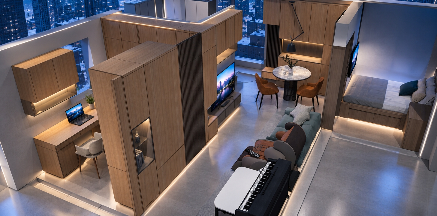 An incredibly lifelike, richly detailed, photorealistic high-angle interior shot of a smart-integrated studio apartment set in a high-rise urban environment during a crisp winter night. The scene is illuminated by the soft, ambient glow of integrated smart LED strips and a cool, cinematic blue light filtering through the window, creating a tranquil yet futuristic "digital zen" atmosphere. Captured with a 24mm wide-angle lens, the composition emphasizes the seamless flow between the streamlined oak cabinetry, the sleek marble-topped dining bistro table, and the minimalist workspace.

The space is defined by a sophisticated palette of cool grays, crisp whites, and vibrant neon accents that bounce off polished glass and brushed metal surfaces. A bespoke, floor-to-ceiling wooden partition anchors the living area, featuring textured vertical slats that contrast beautifully with the ultra-modern, uncluttered aesthetic. Near the cozy seating area, a digital landscape wall art installation provides a window-like portal to a serene virtual world, while a high-tech piano and ergonomic lounge chair suggest a lifestyle of focused creativity. Every surface remains intentionally sparse, punctuated only by a delicate indoor plant and the faint, glowing luminescence of a laptop and media screen, reflecting a perfectly organized, high-tech sanctuary amidst the winter chill.