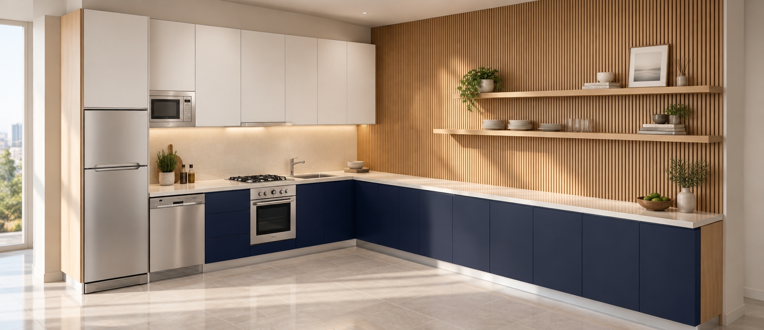 An incredibly lifelike, richly detailed, photorealistic interior shot of a sophisticated contemporary kitchen set in an airy, sun-drenched apartment. The scene is illuminated by soft, diffused morning light filtering through an adjacent window, creating a refined and tranquil atmosphere. Captured with a high-end architectural lens, the image emphasizes the seamless marriage between the deep, navy-blue base cabinets and the textural warmth of the vertical slat oak paneling that anchors the far wall.
The composition is balanced and clean-lined, featuring smooth, polished stone countertops in a soft champagne hue that reflect the gentle glow of the space. Slim, brushed-nickel hardware accents the cabinetry, while two minimalist floating oak shelves provide a curated stage for subtle decor. The backsplash, finished in a soft pearl tone, enhances the understated elegance of the layout, pulling together the contrast between the saturated blue lower cabinetry and the crisp, matte-white overhead storage. The integration of high-end, stainless-steel appliances adds a final layer of polished functionality, making the entire kitchen feel like a perfectly tailored, serene sanctuary of modern design.