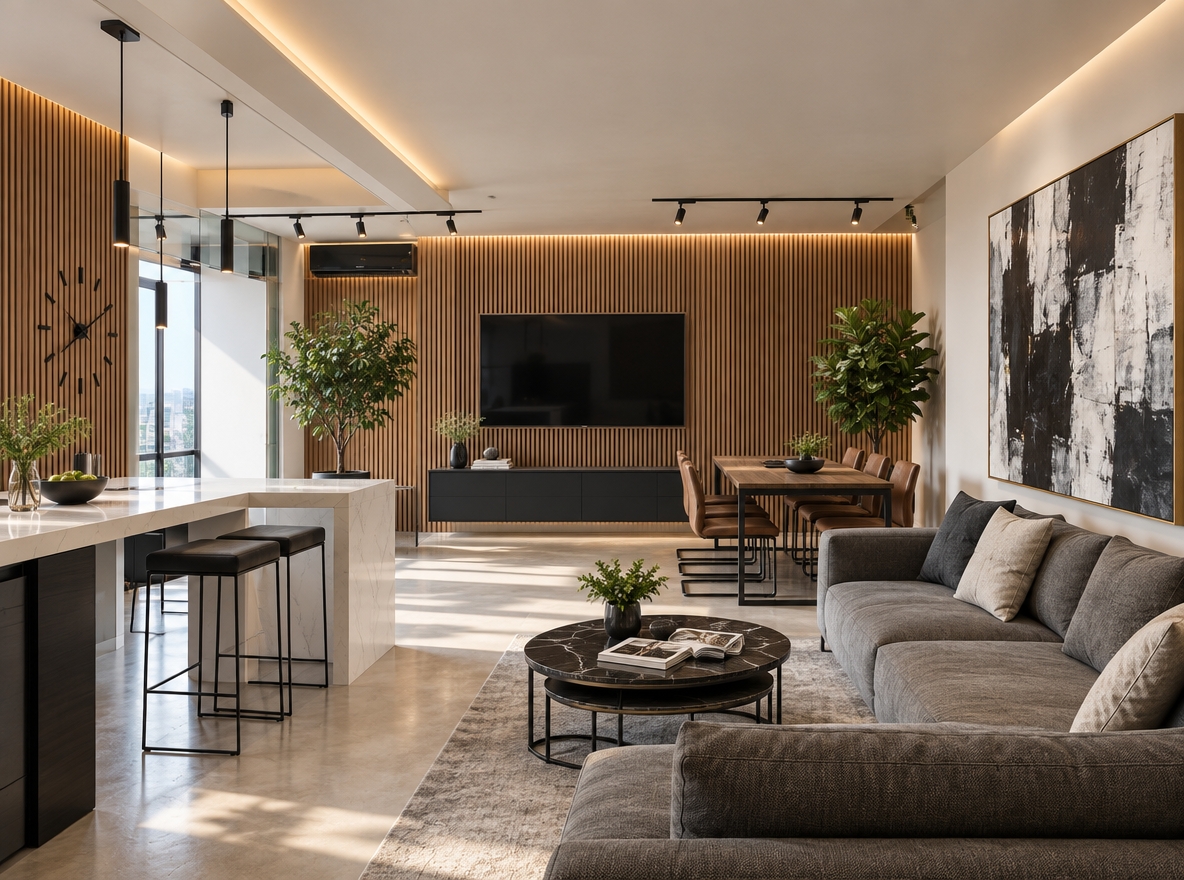 An incredibly lifelike, richly detailed, photorealistic wide-angle interior shot of a reimagined open-concept living and dining space set in a sleek, sun-drenched urban loft. The scene is illuminated by brilliant midday summer daylight softly diffused across the room, augmented by integrated architectural warm LED cove lighting and minimalist matte-black geometric track fixtures, creating a vibrant, airy, and sophisticated atmosphere. Captured with a professional 24mm tilt-shift lens on a full-frame camera, emphasizing the crisp edges of waterfall quartz, the tactile grain of fluted oak paneling, and smooth polished surfaces.

This reimagined modern fusion interior replaces clutter and dated high-gloss finishes with dynamic, contemporary elegance and subtle industrial flair. The media wall is transformed into a geometric focal point with vertical warm-wood slats framing a sleek, flush-mounted television, grounded by a low-profile matte black floating credenza. In the lounge, a modular charcoal-and-taupe sectional sofa rests on a light micro-cement floor, styled with minimalist linen cushions and centered around a nesting blackened-steel and marble coffee table adorned with open photography books. Where the counter divides the zones, a stunning seamless white quartz waterfall island features minimalist matte-black wireframe stools, leading effortlessly toward an intimate dining area with a slim wooden table and sculpted cantilevered chairs. The previous artwork is replaced by a massive, high-contrast black-and-white abstract canvas framed in brushed brass, while lush, oversized architectural plants—including an indoor ficus and fiddle-leaf fig—infuse organic vibrancy into the bold, monochrome palette.