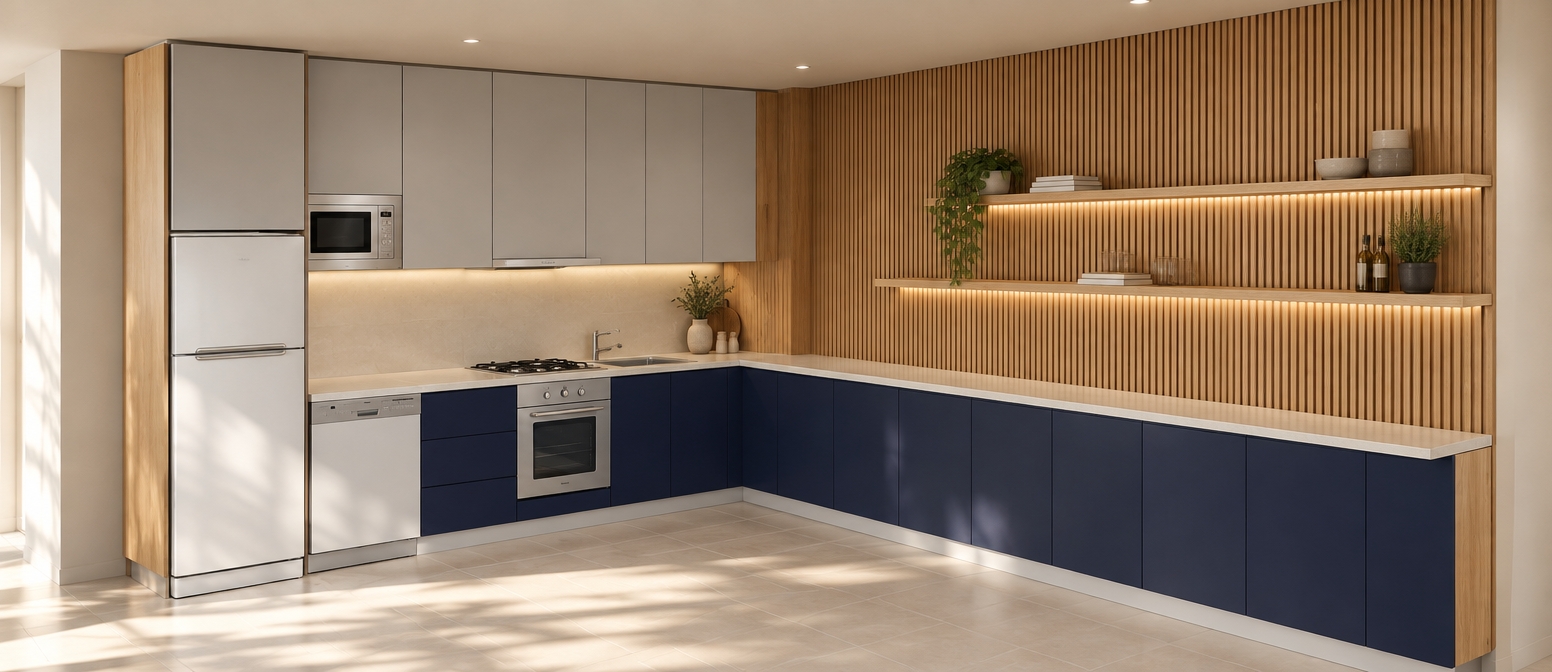 An incredibly lifelike, richly detailed, photorealistic interior perspective of a high-end contemporary kitchen set in a serene, sun-drenched apartment. The scene is illuminated by soft, natural morning light filtering from an off-camera window, creating a crisp, sophisticated atmosphere. Captured with a 35mm wide-angle lens, the composition emphasizes the clean lines and striking contrast between the matte-finish dark navy lower cabinetry and the sleek, light gray upper storage units. The workspace features a seamless, light-toned stone countertop that elegantly transitions in depth; it narrows to a streamlined 25cm profile along the right wall to maximize floor space, while maintaining a functional 50cm surface where it rests atop the base cabinets. The wall above is clad in warm, vertical timber slats, adding a rich tactile texture that anchors the space, while two minimalist, floating oak shelves extend horizontally to provide an airy display area. The overall design exudes a balance of bold, modern color blocking and organic warmth, with sharp architectural edges and impeccable craftsmanship that define this curated, functional living space.