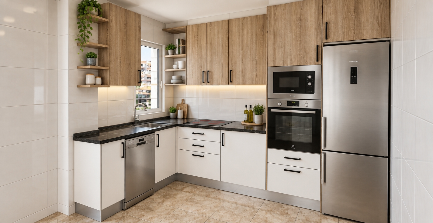 A photorealistic architectural photograph of the kitchen preserving the exact composition and layout, illuminated by soft daylight from the window and balanced warm ambient light. The upper cabinetry and open shelves exhibit authentic light oak wood grain, paired with smooth matte-white lower cabinets, dark textured stone countertops, and sleek black hardware. The stainless steel appliances display realistic brushed metal sheens and subtle reflections. Glossy white wall tiles with defined grout and mottled ceramic floor tiles complete the scene, captured with a sharp wide-angle lens, natural micro-textures, and gentle contrast.