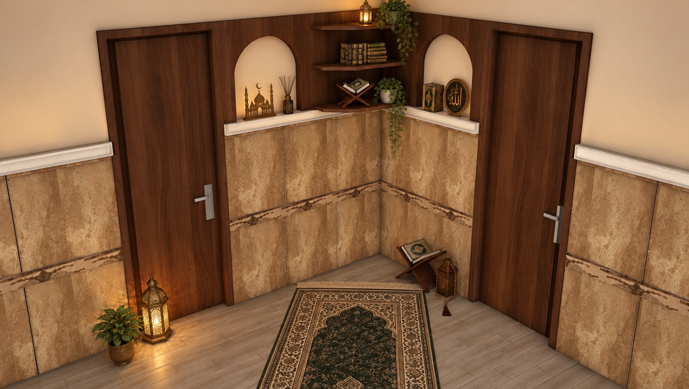its a islamic praying corner make it photo realistic preserving the design structure and colors add warm lighting the the space no led strips just to make a praying vibe add quran books and islamic accesories remove the light from the arcs the three shelves are walnut wood