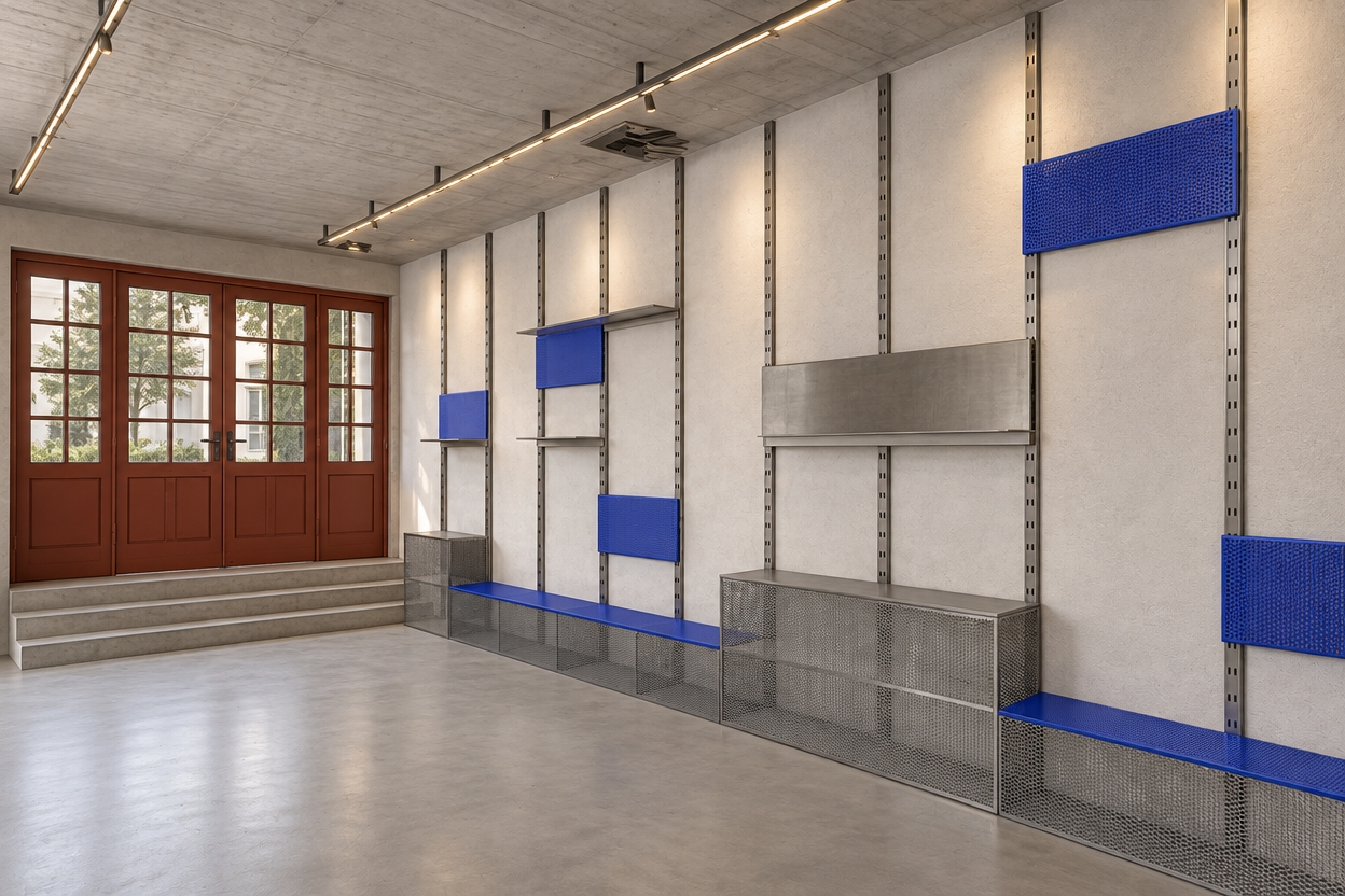 A crisp architectural photograph of the interior space, strictly preserving the exact perspective, geometry, and placement of all elements from the reference image. The room is illuminated by soft, warm natural ambient daylight gracefully complemented by warm indirect downlighting radiating from LED strips recessed into the ceiling tracks. The white-painted concrete ceiling reveals subtle formwork texture and matte finish, while the expansive background walls are coated in very light gray to off-white plaster with delicate surface grain. Vertical modular upright rails made of raw brushed steel run up the walls. The low benches and rectangular suspended accent panels are crafted from powder-coated perforated sheet metal in a rich cobalt blue (#3C3CB2), supported by airy, industrial-grade expanded wire mesh cabinets that show gentle transparency and metallic highlights. Elevated by a short flight of cast-concrete steps on the left, the multi-pane industrial double door is finished in a deep oxidized terracotta-red metal (#722410), fitted with clear window glass casting authentic soft reflections. The floor consists of seamless, smooth gray screed with faint trowel variations, realistic contact shadows, and a subtle low-sheen finish. Captured with a wide architectural lens, maintaining razor-sharp depth of field, accurate material physics, and an immaculate, unoccupied atmosphere devoid of people or added props.