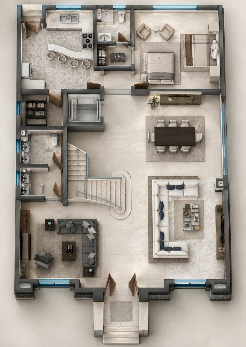 An incredibly lifelike, richly detailed, photorealistic top-down bird's-eye architectural view of an expansive luxury ground floor residence set in an elegant, minimalist haven. The scene is illuminated by soft daylight pouring through perimeter glass doors complemented by warm, recessed architectural LED spotlights, creating an airy, serene, and sophisticated atmosphere. Captured with a medium-format camera using an ultra-wide architectural tilt-shift lens from directly overhead, emphasizing crisp surface reflections, polished textures, and true-to-life structural depth. 

The grand central living area features gleaming, book-matched polished marble floors with subtle grey veining, anchored by a deep-cushioned off-white sectional sofa facing a floating walnut-and-fluted-panel TV media console. Adjoining this space, a darker charcoal L-shaped sectional defines the cozy secondary sitting lounge with its own built-in media shelf. Large-format 120x60 cm matte porcelain tiles stretch across the corridors and the open-concept dining space, which highlights a striking dark wood 8-seater dining table crowned with modern upholstered chairs. To the left, a sculptural, gracefully curved staircase with bullnose tiled steps ascends alongside a sleek, glass-paneled modern elevator. The gourmet kitchen shines with patterned ceramic floor tiles, smooth waterfall quartz countertops, and an integrated breakfast bar, while the bathrooms feature textured stone wall tiles and floating dark quartz vanity tops with minimalist chrome fixtures. In the upper wing, a tranquil master bedroom with warm oak accents leads directly into a seamless, custom-fitted walk-in dressing area, completing this immaculately styled, high-end contemporary home.