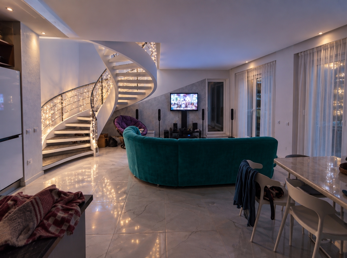 A crisp wide-angle architectural photograph preserving the exact interior layout, replacing the unfinished overhead surface with a seamless, matte white stretch ceiling and adding soft white linen curtains to the patio doors. Cool ambient illumination emanates from fairy lights entwined in the white spiral staircase and the glowing television screen, casting natural reflections across the polished tiled floor. Textures of the curved teal sofa, metal railings, and draped fabric folds are rendered with natural clarity, while the white ceiling softly bounces low-key ambient room light, captured with balanced dynamic range, faint lens falloff, and subtle photographic grain.