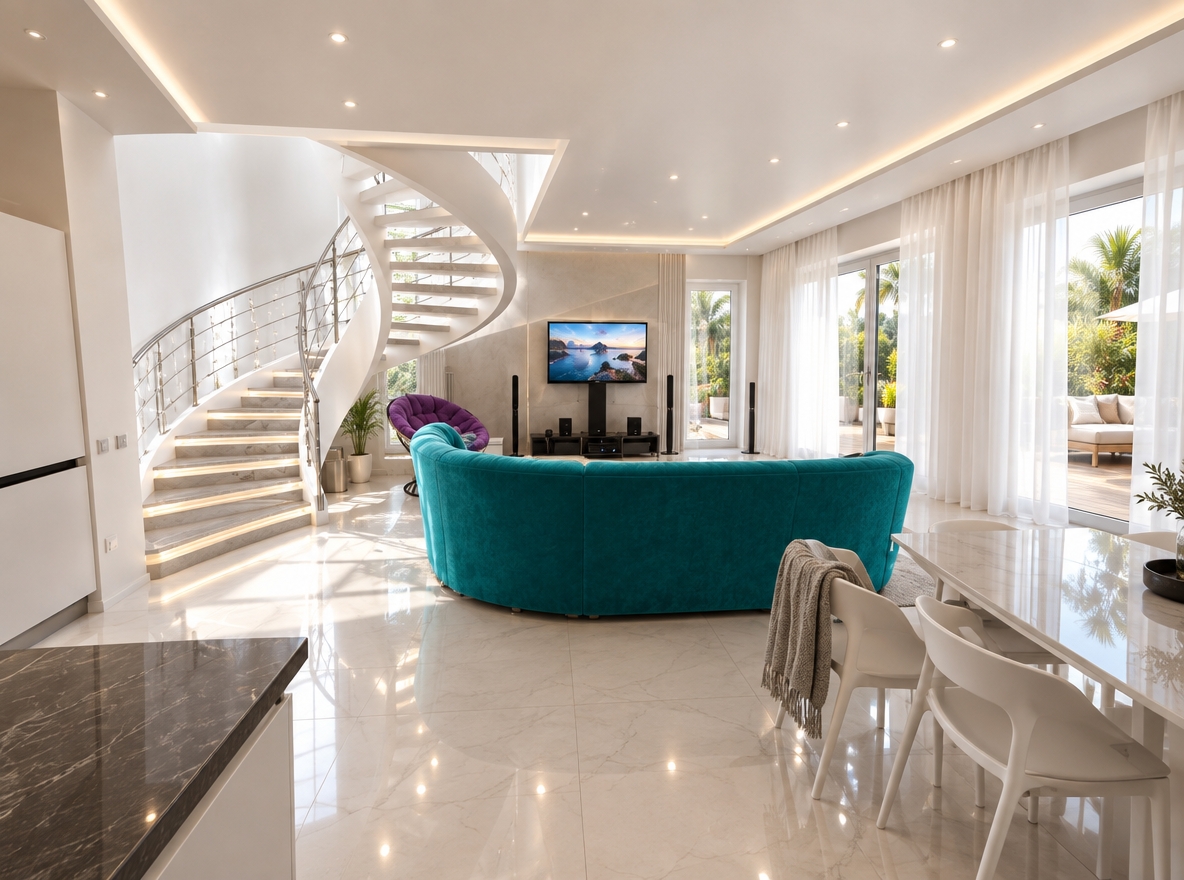 An incredibly lifelike, richly detailed, photorealistic wide-angle interior photograph of an expansive open-plan contemporary living and dining salon set in a sun-drenched summer villa. The scene is illuminated by radiant midday sunlight pouring in through floor-to-ceiling glass patio doors, balanced by warm, evenly spaced recessed LED spotlights embedded into a pristine, seamless matte white stretch ceiling, creating a luminous, serene, and sophisticated atmosphere. Captured with a professional full-frame camera and an ultra-wide architectural lens, emphasizing the smooth taut finish of the ceiling, the billowy texture of floor-grazing sheer white linen curtains framing views to a lush outdoor patio, and the polished porcelain tiled floor reflecting daylight. The once-raw ceiling is replaced with flawless white architectural planes featuring concealed cove lighting, complementing the dramatic, sculptural white spiral staircase whose treads are accented with subtle downlighting. Beyond the sweeping white curtains, a sunlit summer patio unfolds with warm teak decking, manicured tropical greenery, and chic alfresco seating, establishing an effortless indoor-outdoor flow. Inside, a low-profile curved designer sofa in vibrant velvet anchors the conversational living zone facing a minimalist built-in media wall, while a sleek dining setup with sculpted chairs completes the composition, uniting functional modern comfort with refined, contemporary elegance.