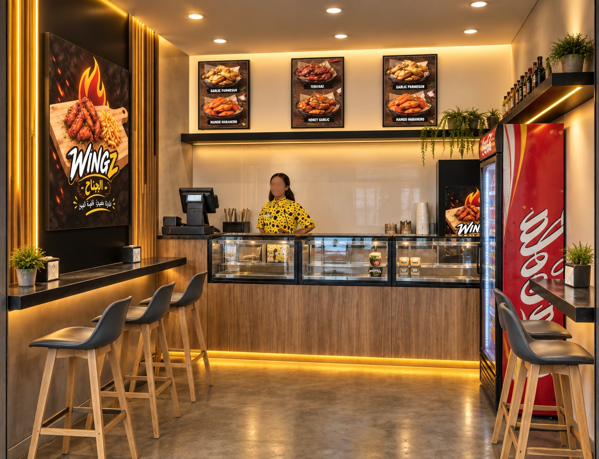 A realistic commercial interior photograph of the compact fast-food restaurant, illuminated by vibrant warm golden-yellow LED strip accent lighting hidden beneath the customer dining counter, along the base of the wood-paneled display counter, and richly washing the vertical slatted accent wall around the large illuminated wing logo poster. Natural recessed ceiling downlights cast clean ambient light across the polished concrete floor, glass display showcases, and realistic matte grey barstools with solid wood legs. The cashier area, beverage cooler, and overhead framed food menus exhibit natural surface reflections, crisp specular highlights, and genuine material textures, captured with a sharp wide-angle lens, balanced dynamic range, and subtle photographic depth of field.