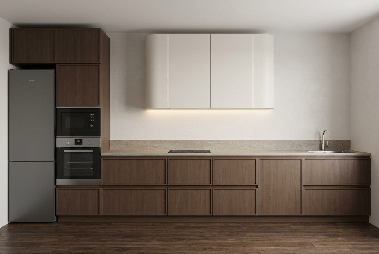 Photorealistic render of the kitchen design from the schematic, removing all technical lines and labels. The lower cabinets and tall unit have chocolate brown wood veneer doors with slim-frame shaker profiles. The upper hanging cabinets feature smooth, flat enamel fronts with curved outer corners and warm under-cabinet LED strip lighting. A sleek graphite-gray refrigerator stands in the left opening next to the built-in oven tower. An induction cooktop is set into the countertop above the first 600mm base unit to the left. Realistic finishes include a neutral stone countertop, undermount sink with chrome faucet, dark wood flooring, and soft, natural kitchen illumination.