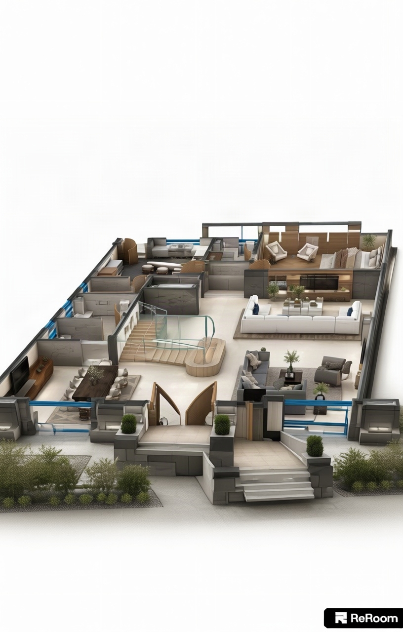 An incredibly lifelike, richly detailed, photorealistic top-down architectural photograph of a luxurious ground-floor residence set in a high-end contemporary home. The scene is illuminated by soft, diffused natural daylight flooding through expansive blue-tinted exterior windows, complemented by warm recessed ambient lighting along the perimeters, creating an airy, refined, and inviting atmosphere. Captured with a medium-format camera and an ultra-sharp tilt-shift lens, emphasizing the rich interplay of tactile textures, sleek millwork, and sophisticated spatial design. 

The sprawling interior features rich, warm oak parquet flooring in the serene master suite, beautifully contrasting with the large-format, glossy ivory porcelain tiles that flow through the open-concept living, sitting, and dining areas. The gourmet kitchen is distinguished by dark, contrasting patterned floor tiles beneath a curving breakfast bar, while the bathrooms display elegant light-gray ceramic finishes. Sophisticated walnut TV shelving units with integrated backlighting anchor the media walls, perfectly balancing the furniture arrangements. At the center, an architectural curved staircase makes a striking statement with floating light-wood steps encased in sleek, transparent tempered-glass railings, effortlessly tying together the home's contemporary elegance.