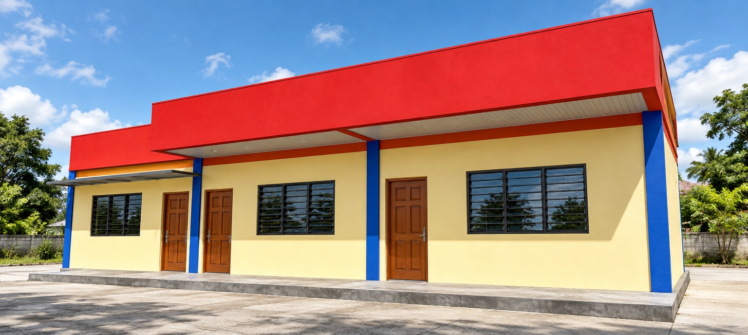 A sharp architectural photograph of the single-story building illuminated by direct midday spring sunlight, preserving the exact geometry and perspective. Bright overhead daylight casts clean, crisp shadows beneath the prominent red fascia and roof overhangs. Realistic textures define the surfaces, featuring matte exterior paint on the pale yellow walls, painted blue structural pillars, subtle wood grain on the brown paneled doors, and natural sky reflections across the horizontal louvered glass windows. The concrete foundation slab shows fine aggregate texture, captured with a deep depth of field, balanced daylight exposure, and clean photographic clarity.