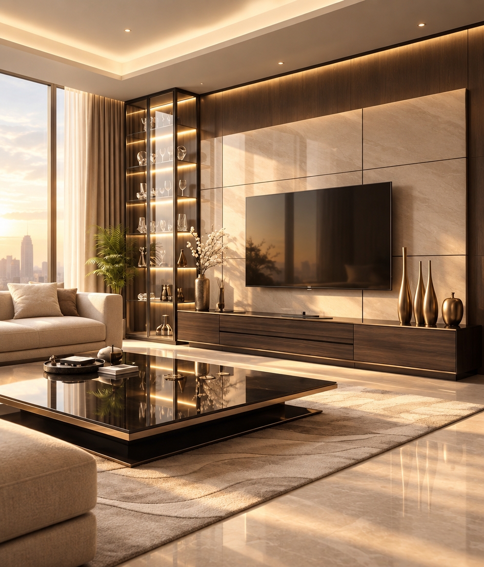 An incredibly lifelike, richly detailed, photorealistic interior perspective of a high-end, contemporary living room set in a sophisticated urban sanctuary. The scene is illuminated by soft, recessed perimeter cove lighting and natural golden-hour sunlight filtering through floor-to-ceiling windows, creating a serene, warm, and luxurious atmosphere. Captured with a 35mm wide-angle lens, emphasizing the crisp contrast between the rich, dark oak wood media console and the smooth, cream-colored wall paneling.

The room is anchored by a plush sofa upholstered in a warm, sophisticated brown-cream textile that complements the fluid, organic patterns of the layered area rug beneath a high-gloss, black reflective coffee table. To the side, a slim, floor-to-ceiling glass vitrine display case with integrated LED lighting showcases curated crystal ornaments, adding a touch of gallery-like elegance. The minimalist, clean-lined aesthetic is elevated by metallic vase accents and sheer, floor-length drapery that softens the sharp architectural lines of the space, evoking a refined Scandinavian-inspired sanctuary that balances cozy materiality with precise, modern sophistication.