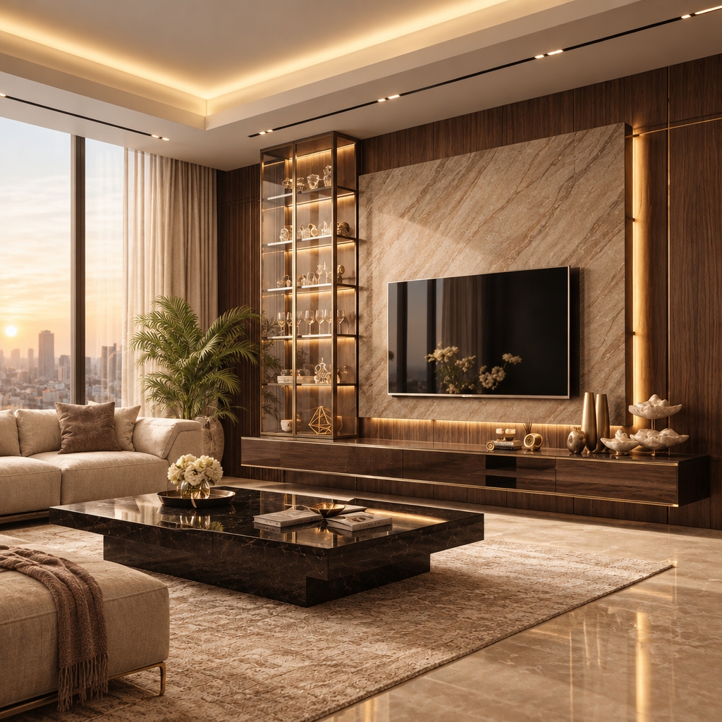 An incredibly lifelike, richly detailed, photorealistic wide-angle shot of a sophisticated high-rise living room set in an upscale urban environment. The scene is illuminated by soft, recessed perimeter cove lighting and vertical ambient LEDs, creating a warm, tranquil, and luxurious atmosphere. Captured with a 35mm lens, emphasizing the rich contrast between the sleek, book-matched walnut veneer paneling and the luminous, creamy brown upholstery of the plush, oversized sofa. 

The aesthetic masterfully balances modern minimalism with refined French country charm, evidenced by the delicate, curated glassware in the floor-to-ceiling display cabinet and the organic warmth of the textured, cream-toned area rug. The massive, low-profile coffee table with its polished obsidian finish serves as a grounding focal point, while the sheer, floor-to-ceiling curtains soften the sprawling metropolitan view outside. Every surface, from the seamless high-gloss floors to the metallic accents, reflects a meticulous attention to material depth and spatial harmony, evoking the quiet elegance of a boutique penthouse retreat.