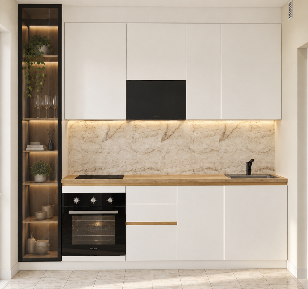 A straight-on architectural photograph of the kitchen, featuring the tall unit on the far left designed as an elegant black-framed glass showcase cabinet with subtle reflections. The cabinetry displays a crisp matte white finish contrasted by a realistic light oak countertop with natural wood grain and a polished beige marble backsplash. Realistic glass physics define the black oven and tinted showcase glass, complemented by soft ambient interior daylight that casts gentle, natural shadows under the upper cabinets and onto the ceramic tile floor. The scene is shot with a sharp 35mm architectural lens, balancing realistic surface textures, subtle specular highlights, and natural material imperfections for true photographic depth.