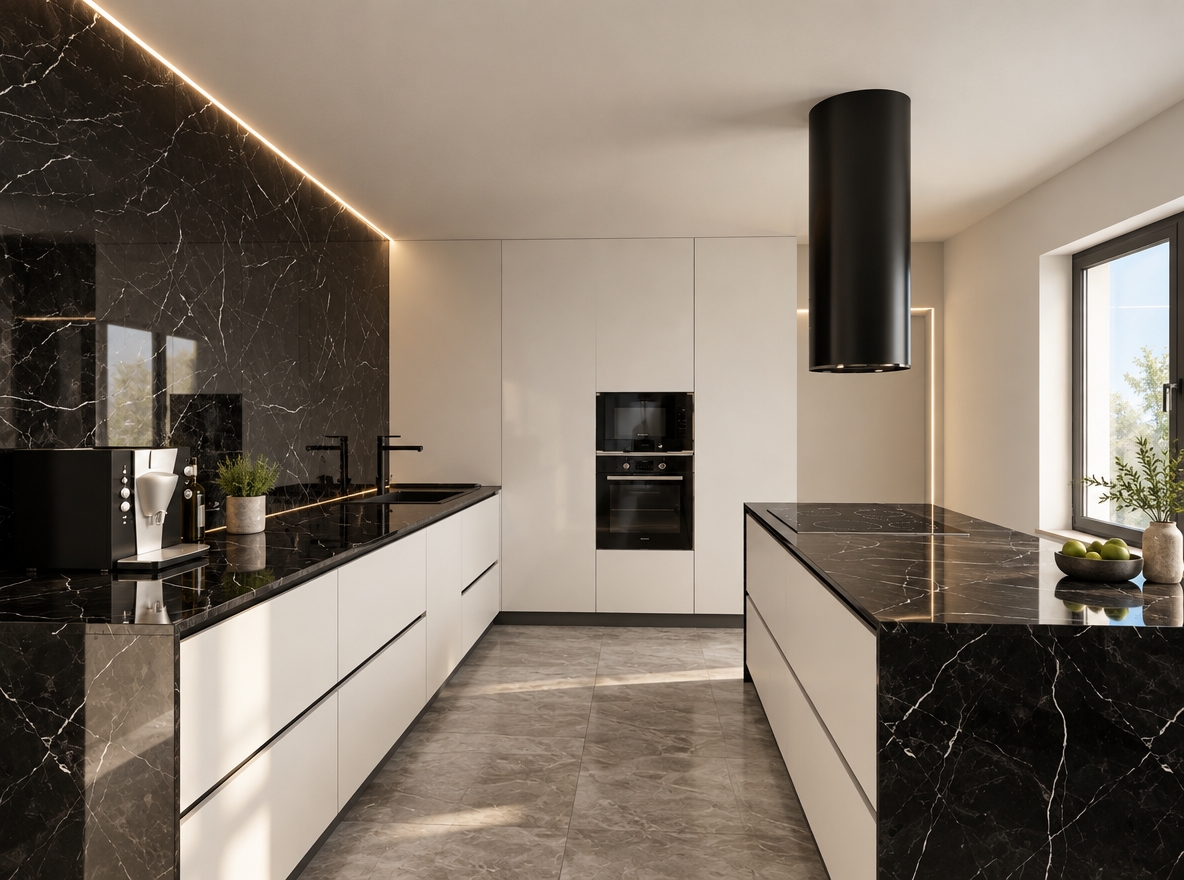 Architectural interior photograph of the modern minimalist kitchen, naturally brightened with a balanced exposure. Soft daylight pours through the side window, complemented by a warm, subtle LED strip glow tracing the ceiling and black marble wall. Crisp reflections and delicate veining glint across the polished black marble island and countertops, contrasting cleanly with the smooth matte texture of the white flat-panel cabinets. Natural ambient fill light gently lifts the deep shadows across the floor, captured with a professional wide-angle lens, realistic dynamic range, and faint photographic grain.