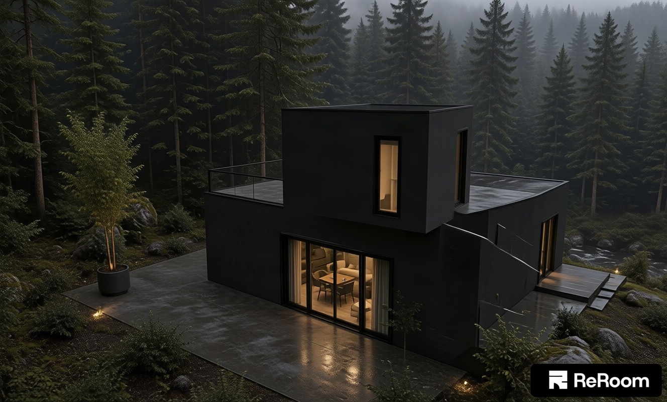 A moody architectural photograph maintaining the exact perspective, framing, and structure of the modern two-story residence, featuring exterior walls finished in matte, dark charcoal-black stucco paired with sleek jet-black window frames and glass doors revealing warm, dimly lit interiors. The potted tree in the foreground showcases lush green foliage, while the surrounding environment is transformed into a dense, misty woodland with a soft-flowing river along the left side. Captured with an architectural lens under overcast, diffused lighting, the shot features deep, low-key contrast, soft environmental shadows, subtle vignetting, and natural surface micro-textures.