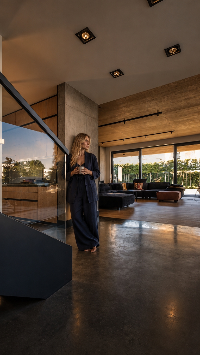HYPER-REALISTIC ARCHITECTURAL INTERIOR PHOTOGRAPHY — ABSOLUTE REFERENCE PRESERVATION Transform this reference image into an ultra-realistic, high-end architectural lifestyle photograph while preserving absolutely everything visible in the original image. Use the reference image as the exact visual source of truth. The transformation is primarily about photographic realism, material realism, surface texture, lighting, atmosphere, depth, natural imperfections, and realistic human integration. The existing interior design, architecture, finishes, materials, furniture, objects, proportions, perspective and composition must remain unchanged. Do not redesign the interior. Do not reinterpret the interior. Do not replace existing materials. Do not change existing finishes. Do not change the existing colour palette. Do not change the architectural design. Do not change the furniture arrangement. Do not change the composition. The final image must look like the exact same interior photographed professionally with a high-end full-frame camera, with dramatically improved photographic realism and material quality. ================================================== ABSOLUTE PRESERVATION — HIGHEST PRIORITY ================================================== Preserve exactly: - existing architecture - room geometry - proportions - dimensions - walls - ceiling - floor - kitchen island - cabinetry - cabinet layout - tall units - wall panels - backsplash - countertops - appliances - sink - faucet - lighting fixtures - furniture - lounge chair - curtains - decorative objects - accessories - windows - glazing - doors - openings - existing materials - existing colours - existing finishes - object placement - spatial relationships - camera position - camera height - focal-length appearance - perspective - viewing direction - framing - crop - composition - visual hierarchy Do not add architectural elements. Do not remove architectural elements. Do not relocate anything. Do not resize anything. Do not simplify anything. Do not reconstruct anything. Do not modernize anything. Do not make the interior more luxurious by changing its design. Do not make the interior more minimal. Do not change the existing material palette. Do not change the existing colour palette. The original interior design must remain completely intact. ================================================== PRIMARY TRANSFORMATION ================================================== The only intended transformation is: 1. dramatically improve photographic realism 2. improve existing material texture quality 3. improve surface micro-detail 4. improve physically accurate light–material interaction 5. improve realistic reflections 6. improve realistic shadows 7. improve natural depth and tonal transitions 8. improve photographic atmosphere 9. naturally integrate the woman into the existing interior The final image must remain visually identical to the original reference in architecture, design, materials, furniture, objects, spatial relationships, camera and composition. ================================================== OVERALL MOOD ================================================== Create a dark, moody, low-key architectural photography atmosphere. The interior should feel: - warm - quiet - luxurious - sophisticated - intimate - calm - tactile - contemporary - naturally lived-in - architecturally refined Use restrained cinematic underexposure. The image should feel atmospheric and sophisticated rather than dramatically stylized. Maintain deep blacks and controlled shadows while preserving sufficient material information in darker areas. The mood must come from: - realistic exposure - warm artificial light - soft natural daylight - realistic material response - subtle shadow depth - controlled highlights - natural tonal transitions No excessive cinematic stylization. No exaggerated contrast. No crushed shadow detail. No artificial HDR. No excessive bloom. No artificial colour grading. ================================================== LIGHTING — CRITICAL PRIORITY ================================================== Physically accurate architectural photography lighting. Use deliberate cinematic underexposure while maintaining realistic exposure relationships between the interior, woman, furniture, walls, floor, cabinetry, kitchen island, ceiling, and all architectural elements. Warm artificial lighting approximately 2700–3000K remains restrained, soft, directional, and realistic. The warm artificial light should gently graze the existing warm natural wood surfaces and architectural elements, revealing their authentic natural grain, fine pores, subtle surface imperfections, micro-texture, and material depth primarily through controlled highlights and soft shadow transitions. Do NOT turn the existing wood into walnut. Do NOT darken the existing wood. Do NOT make the wood orange. Do NOT make the wood reddish. Do NOT change the existing wood colour. The warm light may create subtle warm tonal influence on the existing wood, but the underlying material and colour must remain faithful to the reference. Natural sunlight remains present and readable. Soft natural daylight enters the space naturally through the existing glazing and interacts with: - the dark floor - kitchen island - existing natural wood cabinetry - original wall surfaces - black architectural elements - countertop - furniture - curtains - decorative objects - the woman Natural daylight should create: - soft realistic highlights - subtle reflections - realistic shadow transitions - believable colour transitions - natural light falloff - physically accurate ambient illumination Maintain realistic exposure relationships between the brighter window area and the darker interior. The window area may remain naturally brighter than the interior, but it should retain believable photographic detail and must not appear artificially blown out. Use realistic: - indirect illumination - global illumination - bounce light - ambient occlusion - contact shadows - cast shadows - reflected light - natural colour bounce - realistic light falloff - physically accurate shadow density The woman must receive exactly the same lighting conditions as the surrounding architecture. Her skin, hair and navy clothing must respond naturally to the same warm artificial light and natural daylight. The woman must NOT appear separately illuminated. No beauty lighting. No studio lighting. No spotlight on the woman. No artificial rim light. No dramatic backlight added specifically for the woman. No artificial glow. No theatrical lighting. No visible light beams. No excessive volumetric light. No excessive bloom. No lens flare. No stylized lighting effects. The final lighting must look as though the entire scene — architecture, furniture, materials and woman — was photographed simultaneously inside the real interior. ================================================== EXISTING WOOD — PRESERVE EXACTLY ================================================== Preserve the existing warm natural wood cabinetry and wall elements exactly as shown in the reference. The existing wood colour must remain unchanged. Do NOT transform it into: - dark walnut - black wood - orange wood - reddish wood - yellow oak - grey wood - artificially stained wood Do not change the apparent species or visual identity of the existing wood. Only improve the realism and texture quality. The existing wood should look like authentic high-end natural architectural veneer photographed in real life. Create extremely realistic: - fine natural grain - subtle longitudinal grain direction - delicate pore structure - microscopic tonal variation - natural growth variation - subtle differences between veneer sheets - realistic veneer transitions - subtle surface irregularities - extremely fine tactile texture - realistic edge definition - natural light absorption - physically accurate reflectivity - subtle dimensional depth The grain should remain relatively calm, elegant and architectural. Avoid exaggerated rustic grain. Avoid dramatic knots. Avoid excessive contrast in the grain. Avoid repetitive patterns. Avoid cloned grain. Avoid procedural texture. Avoid perfectly uniform surfaces. Avoid excessive sharpening. The wood should look more realistic, not different. ================================================== WOOD SURFACE FINISH ================================================== Preserve the existing matte-to-satin appearance. Use subtle, physically accurate reflectivity. The surface should contain: - soft diffuse reflection - extremely subtle highlights - realistic micro-roughness - visible but restrained grain - natural pore structure - slight imperfections - realistic material depth The wood must never appear: - plastic - laminated - artificially glossy - artificially dark - synthetic - flat - CGI-generated ================================================== WALLS — ORIGINAL FINISH PRESERVED ================================================== Preserve the existing wall finish exactly as shown in the reference. Do NOT replace the walls with: - walnut - wood - concrete - stone - marble - decorative plaster - microcement - architectural panels - another material Do NOT change their colour. Do NOT change their geometry. Do NOT add cladding. Do NOT remove wall surfaces. Only improve their texture and photographic realism. The original wall surface should gain subtle: - micro-texture - natural surface irregularities - very fine tonal variation - realistic diffuse response - subtle pores - natural imperfections - believable material depth - realistic interaction with light The texture must remain subtle. It should be visible primarily through realistic light grazing across the surface rather than exaggerated artificial detail. The walls must still look exactly like the original walls. ================================================== CEILING — ORIGINAL FINISH PRESERVED ================================================== Preserve the existing ceiling exactly. Do not change: - colour - geometry - height - surface finish - lighting positions Improve only photographic realism. Create subtle natural tonal variation and realistic light falloff. No artificial texture. No decorative redesign. ================================================== BLACK ELEMENTS ================================================== Preserve all existing black elements exactly. This includes: - black cabinetry - black island - black backsplash - black vertical architectural elements - black curtains - black metal details - black frames - dark floor Do not change their colour. Do not lighten them. Do not replace them. Improve only their physical realism. Black surfaces should retain deep rich blacks while preserving subtle material information. Create realistic: - micro-roughness - soft reflections - subtle tonal variation - natural specular response - fine surface imperfections - realistic light absorption No artificial glossy black. No plastic black. No crushed black detail. No CGI appearance. ================================================== FLOOR — ORIGINAL DARK FINISH PRESERVED ================================================== Keep the existing dark floor exactly as shown in the reference. Do NOT replace it with concrete. Do NOT make it light grey. Do NOT change its colour. Do NOT change its geometry. Do NOT introduce new joints. Only improve its realism. Add extremely subtle: - natural micro-texture - fine surface variation - realistic diffuse reflection - subtle sheen - natural imperfections - physically accurate light reflection - realistic contact shadows The floor must remain dark, elegant and understated. No wet appearance. No mirror-like reflection. No excessive gloss. No plastic appearance. No artificial uniformity. ================================================== COUNTERTOPS ================================================== Preserve the existing countertop exactly. Maintain: - colour - geometry - thickness - edge profile - surface character - spatial position Improve only its physical realism. Create subtle: - mineral variation - micro-texture - realistic roughness - natural tonal variation - physically accurate reflection No material replacement. No colour change. ================================================== BLACK BACKSPLASH ================================================== Preserve the existing black backsplash exactly. Improve only: - surface depth - subtle micro-texture - realistic reflection - micro-roughness - light interaction - tonal variation Keep it dark, sophisticated and understated. No mirror effect. No excessive gloss. ================================================== METAL ELEMENTS ================================================== Preserve all existing metal fixtures and hardware exactly. This includes: - faucet - handles - lighting details - metal frames - other visible metal components Maintain their existing colour and finish. Improve: - realistic metal reflectivity - subtle imperfections - physically correct highlights - realistic edge reflections - natural interaction with surrounding light No exaggerated chrome. No excessive sharp reflections. ================================================== GLASS AND WINDOWS ================================================== Preserve the existing glazing and window frames exactly. Glass should remain physically realistic with: - subtle transparency - realistic reflections - slight atmospheric variation - natural exterior light - physically accurate refraction Do not alter the window dimensions. Do not redesign the glazing. Do not change the exterior architecture visible through the glass. ================================================== CURTAINS AND TEXTILES ================================================== Preserve the existing curtains and textiles exactly. Improve their realism through: - authentic textile structure - subtle individual fibre detail - natural folds - gravity-driven draping - realistic compression - realistic light absorption - natural shadow behaviour No artificial smoothing. No synthetic appearance. ================================================== MATERIAL REALISM ================================================== All materials must exhibit physically accurate behaviour under the existing lighting. Every surface should contain subtle real-world micro-imperfections appropriate to its material. Upholstered fabrics should show: - realistic textile density - subtle individual fibres - soft light absorption - natural creasing - subtle compression - realistic shadow behaviour Stone and mineral surfaces should feel: - heavy - tactile - dense - physically real - subtly porous - naturally varied Glass should remain: - physically transparent - subtly reflective - naturally refractive Metal should remain: - subdued - physically reflective - controlled in its highlights Wood should remain: - natural - warm - tactile - subtly textured - physically dimensional No material should appear excessively glossy or artificially perfect. ================================================== WOMAN — SAME WOMAN AS PREVIOUSLY CREATED ================================================== Add the SAME blonde woman from the previously created reference. She must visually correspond to the exact same woman previously generated. Do NOT generate a different woman. Do NOT create a generic blonde model. Preserve the same: - blonde hair character - hairstyle - facial proportions - facial character - natural expression - body type - body proportions - feminine silhouette - age appearance - overall appearance - relaxed personality - photographic quality She should look like the exact same real woman photographed during the same professional architectural photoshoot. ================================================== WOMAN — NATURAL APPEARANCE ================================================== Naturally beautiful adult blonde woman. Long, loose, softly wavy blonde hair. Warm natural blonde colour with subtle darker blonde roots and realistic tonal variation. Individual hair strands must be visible. Hair should contain: - natural flyaway strands - realistic density - believable volume - subtle irregularities - natural highlights - realistic interaction with ambient light Facial features should be refined but completely natural. Preserve subtle natural facial asymmetry. Skin should contain: - realistic pores - tiny imperfections - subtle tonal variation - believable translucency - physically accurate subsurface scattering - natural highlights - realistic shadow transitions No plastic skin. No airbrushed skin. No artificial beauty filter. No excessive smoothing. No mannequin appearance. No generic AI face. No excessive beauty retouching. ================================================== OUTFIT — SAME DESIGN, DEEP NAVY BLUE ================================================== The woman wears the SAME relaxed two-piece outfit from the original prompt, but the colour is changed to sophisticated deep navy blue. The outfit consists of: - relaxed oversized beige-style tailored blazer silhouette - matching very wide-leg full-length trousers - flowing wide trouser silhouette - relaxed contemporary tailoring - understated luxury aesthetic - premium linen-look textile - matte tactile surface The design, cut, proportions and silhouette must remain the same. Only the colour changes. The outfit colour must be: - deep navy blue - rich dark navy - sophisticated - slightly desaturated - elegant - architectural The navy must remain visibly navy rather than becoming black. Avoid: - bright blue - royal blue - electric blue - cyan - turquoise - purple-blue - overly saturated blue The navy fabric should respond naturally to the warm interior lighting. Warm light may create extremely subtle warm tonal influence on the fabric while the garment remains clearly deep navy. ================================================== CLOTHING REALISM ================================================== The navy outfit must look like genuine premium linen or very high-quality linen-look fabric. Include: - authentic fibre structure - subtle weave visibility - natural weave irregularities - realistic textile density - natural wrinkles - soft creasing - realistic compression - gravity-driven folds - slight irregularity - natural tension around elbows - realistic folds around waist - realistic folds around hips - natural draping around legs - matte light absorption - subtle highlights only where fabric catches light The trousers must remain VERY WIDE, flowing and full-length. The trouser legs should naturally fall toward the floor with realistic weight and gravity. The blazer should remain relaxed and slightly oversized. No synthetic appearance. No plastic texture. No glossy fabric. No excessive stiffness. No fashion illustration. No different outfit. No dress. No skirt. No jeans. No narrow trousers. No leggings. No bright colours. No logos. No unnecessary accessories. ================================================== BAREFOOT ================================================== The woman is barefoot. Her feet must be: - anatomically correct - naturally positioned - correctly proportioned - physically grounded - realistic in scale Use subtle physically accurate contact shadows. No floating feet. No distorted toes. No anatomical errors. ================================================== POSE ================================================== The woman stands naturally and calmly within the existing interior. Her posture is: - relaxed - subtle - elegant - believable - spontaneous Avoid a fashion-model pose. Avoid exaggerated body language. Avoid dramatic gestures. Use natural weight distribution. Relaxed shoulders. Subtle asymmetry. Natural arms and hands. Natural posture. She should look as though she is naturally inhabiting the kitchen during an architectural photoshoot. She should NOT appear to be intentionally posing for the camera. ================================================== HUMAN SCALE ================================================== Maintain physically correct human scale relative to: - kitchen island - cabinetry - countertop - doors - walls - floor - furniture - architectural openings - ceiling height - surrounding objects The woman must be correctly integrated into the spatial perspective. No oversized body. No undersized body. No distorted proportions. ================================================== HYPER-REALISTIC HUMAN DETAIL ================================================== The woman must look completely real. Skin: - realistic pores - subtle fine lines - natural imperfections - realistic tonal variation - believable translucency - soft subsurface scattering - natural highlights - realistic shadow transitions Hair: - individual strands - natural flyaway hairs - realistic density - physically believable volume - subtle tonal variation - natural highlights - realistic interaction with ambient light Hands: - anatomically correct hands - realistic fingers - correct finger proportions - natural joints - subtle skin folds - realistic nails Feet: - anatomically correct - realistic toes - realistic skin texture - natural weight distribution - accurate contact with floor ================================================== INTEGRATION WITH ARCHITECTURE ================================================== The woman must be physically integrated into the existing interior. She must receive exactly the same lighting conditions as the surrounding architecture. Her skin, hair and clothing must respond naturally to the same warm artificial light and natural daylight. Use physically accurate: - indirect illumination - reflected light - colour bounce - ambient occlusion - contact shadows - cast shadows - light falloff - exposure - depth - atmospheric interaction The existing warm natural wood should subtly influence the light falling onto her clothing and skin where physically appropriate. The dark floor should create subtle, physically accurate reflected ambient light. Her navy clothing should absorb and reflect light naturally according to its textile properties. Her presence must feel as if she was physically standing in the interior during the original architectural photoshoot. No cutout appearance. No pasted-on appearance. No halo. No edge artefacts. No mismatched sharpness. No mismatched colour temperature. No mismatched exposure. No artificial compositing. No artificial spotlight. ================================================== CAMERA AND COMPOSITION ================================================== The camera remains COMPLETELY LOCKED. Preserve exactly: - camera position - camera height - focal length - perspective - viewing direction - framing - crop - composition - architectural proportions - spatial relationships Do not move the camera. Do not zoom. Do not crop. Do not change the lens. Do not create another angle. Do not introduce another shot. Do not alter the perspective. The woman must be inserted into the existing composition without changing the framing. ================================================== DEPTH OF FIELD ================================================== Use natural full-frame architectural photography depth of field. Maintain realistic focus relationships between architecture and woman. No artificial excessive background blur. No cinematic fake bokeh. No exaggerated shallow depth of field. The image must retain sufficient architectural detail throughout the scene. ================================================== PHOTOGRAPHIC MICRO-DETAIL ================================================== Extremely realistic micro-contrast and organic sharpness. Natural full-frame camera rendering. Subtle optical characteristics of a professional architectural lens. Natural tonal roll-off. Realistic highlight behaviour. Realistic shadow transitions. Subtle film grain. No oversharpening. No excessive clarity. No HDR appearance. No artificial micro-contrast. No digital noise. ================================================== PHOTOGRAPHIC REALISM ================================================== The final image must look like a genuine high-end architectural photograph captured with a professional full-frame camera. It must NOT look like: - CGI - 3D render - computer-generated visualization - digital illustration - AI-generated interior - stylized image Use: - organic photographic sharpness - realistic micro-contrast - natural tonal roll-off - realistic highlights - realistic shadows - physically accurate reflections - natural material response - subtle optical characteristics - subtle film grain - authentic colour response No artificial perfection. ================================================== FINAL IMAGE QUALITY ================================================== Extreme detail. Hyper-realistic material definition. Organic photographic sharpness. Physically accurate light–material interaction. Natural human realism. Realistic architectural scale. Realistic reflections. Realistic shadows. Realistic textures. Realistic colour grading. Deep blacks. Controlled highlights. Natural tonal roll-off. Subtle film grain. Sophisticated editorial photography aesthetic. The final image must be completely indistinguishable from a real high-end architectural photograph captured on a professional full-frame camera. The architecture must remain exactly as in the reference. The materials must remain exactly as in the reference. The colours of the interior must remain exactly as in the reference. The camera must remain exactly as in the reference. The composition must remain exactly as in the reference. The woman must look like the SAME blonde woman previously created. She must wear the SAME two-piece outfit design, but in deep navy blue. She must appear completely real, natural, anatomically correct, physically grounded, and perfectly integrated into the architectural photograph. ================================================== FINAL NEGATIVE CONSTRAINTS ================================================== NO CHANGE TO ARCHITECTURE. NO CHANGE TO WALL FINISH. NO CHANGE TO FLOOR FINISH. NO CHANGE TO WOOD COLOUR. NO DARK WALNUT. NO LIGHT CONCRETE. NO MATERIAL REPLACEMENT. NO CHANGE TO CABINETRY. NO CHANGE TO FURNITURE. NO CHANGE TO OBJECT PLACEMENT. NO CHANGE TO LIGHTING DESIGN. NO CHANGE TO CAMERA. NO CHANGE TO PERSPECTIVE. NO CHANGE TO COMPOSITION. NO REDESIGN. NO REARRANGEMENT. NO NEW ARCHITECTURAL ELEMENTS. NO CGI LOOK. NO 3D RENDER LOOK. NO AI-GENERATED LOOK. NO DIGITAL ILLUSTRATION. NO STYLIZATION. NO ARTIFICIAL PERFECTION. NO PLASTIC MATERIALS. NO PLASTIC SKIN. NO FAKE WOOD GRAIN. NO PROCEDURAL TEXTURES. NO CLONED TEXTURES. NO EXCESSIVE WOOD GRAIN. NO EXCESSIVE GLOSS. NO ARTIFICIAL MIRROR REFLECTIONS. NO ARTIFICIAL HDR. NO EXCESSIVE SHARPNESS. NO ARTIFICIAL BOKEH. NO THEATRICAL LIGHTING. NO LIGHT BEAMS. NO LENS FLARE. NO EXCESSIVE BLOOM. NO ARTIFICIAL SPOTLIGHT ON WOMAN. NO BEAUTY LIGHTING. NO FASHION-MODEL POSE. NO CHILDREN. NO ADDITIONAL PEOPLE. NO DIFFERENT WOMAN. NO GENERIC AI FACE. NO BEAUTY FILTER. NO MANNEQUIN APPEARANCE. NO DISTORTED HANDS. NO DISTORTED FEET. NO ANATOMICAL ERRORS. NO FLOATING BODY. NO CUTOUT EFFECT. NO HALO. NO EDGE ARTEFACTS. NO COMPOSITING ARTEFACTS. NO MISMATCHED LIGHTING. NO MISMATCHED EXPOSURE. NO MISMATCHED COLOUR TEMPERATURE. NO MISMATCHED SHARPNESS. ================================================== FINAL DIRECTIVE ================================================== Preserve the exact original kitchen. Preserve the exact original architecture. Preserve the exact original materials. Preserve the exact original wall finish. Preserve the exact original warm natural wood. Preserve the exact original dark floor. Preserve the exact original black elements. Preserve the exact original furniture and objects. Preserve the exact original camera and composition. Improve ONLY photographic realism, material texture, micro-detail, lighting realism, surface depth, reflections, shadows and natural human integration. Maintain the dark, moody, warm, sophisticated luxury atmosphere of the original prompt. Use realistic 2700–3000K warm artificial lighting combined with soft natural daylight. Keep the interior deliberately slightly underexposed while preserving realistic material information. The woman must be the same blonde woman as previously created. She must wear the same wide-leg two-piece outfit design in sophisticated deep navy blue. She must look physically present inside the space, naturally illuminated by the exact same lighting as the architecture. The final result must look like a real professional architectural photograph, not a redesigned interior and not a CGI visualization.