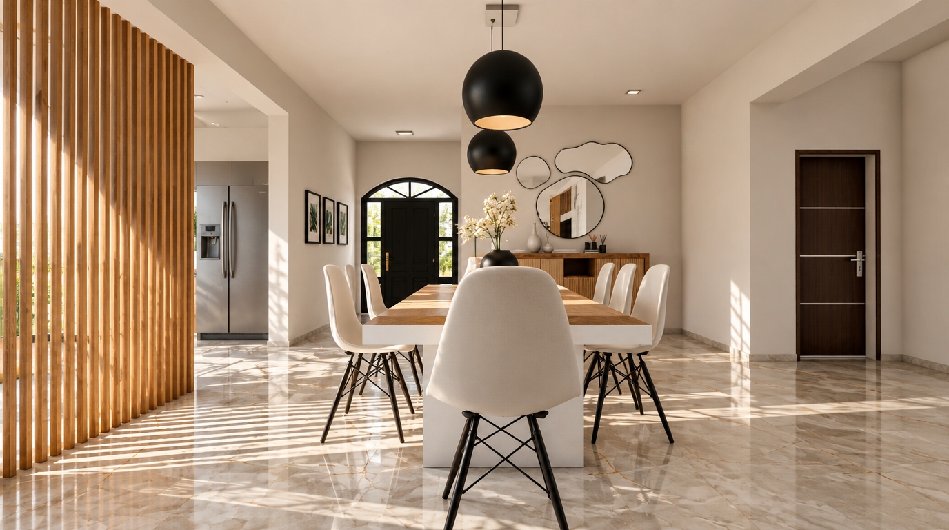 A bright, realistic photograph of the modern dining interior illuminated by crisp midday spring sunlight streaming from the left, casting natural slatted shadows across the marble floor. The camera captures authentic surface textures, including the organic grain of the vertical oak divider, the polished sheen of the porcelain tiles, the smooth matte black finish of the pendant lights, and the fine tactile details of the molded dining chairs. Subtle photographic characteristics such as soft natural exposure falloff, authentic ambient bounce, gentle depth of field, and faint lens vignetting transform the space into a true architectural photograph without altering the composition or structure.