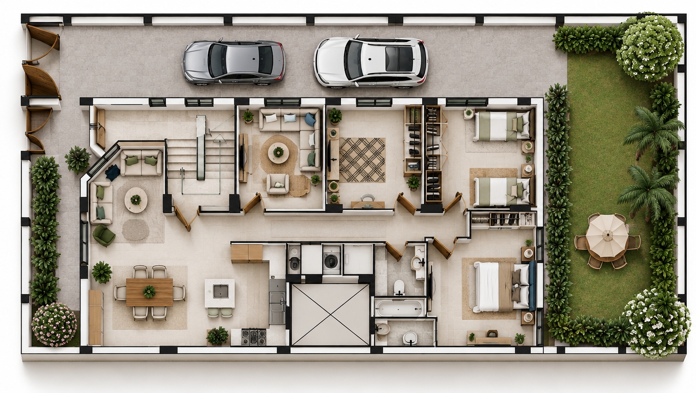 1. Reception and Living Rooms (Open Spaces)
Walls: Off-white or light beige shades are preferred to give a sense of spaciousness and brightness.

Furniture: Choosing sofas in calm, earthy tones (beige, light gray, or camel).

Accents and Cushions: Adding cushions and decorative pieces in distinctive colors (such as olive green or soft blue) to break the monotony of neutral colors.

2. Kitchen and Dining Area (Considering Appliances and Sinks)
Kitchen Cabinets: Modern colors like white, light gray, or light natural wood are preferred.

Refrigerator and Stove: It is preferred to have them in stainless steel (metallic silver) or matte black to give a modern and contemporary feel.

Sinks: Choosing stainless steel sinks or dark gray/black granite sinks with matching modern faucets.

Dining Area: A warm-toned wooden dining table with chairs matching the reception room colors to achieve visual harmony.

3. Laundry Area (Washers)
Colors: Classic white or silver (stainless steel).

Organization: It is preferred to conceal washers and dryers inside custom cabinets matching the wall or kitchen colors of the area to keep it looking neat.

4. Bedrooms
Master Bedroom: Soothing colors for relaxation such as beige tones with natural wood, with the option to choose a calm color for the headboard accent wall (such as matte dark blue or dark gray).

Other Bedrooms: Comfortable and bright colors suitable for use (such as beige, light honey, or soft pastel shades).

5. Bathrooms
Ceramics and Marble: In light and neutral colors (white, beige, or light gray).

Details: Introducing black details in faucets and mirror frames to give an elegant modern touch.

6. Outdoor Garden (Furniture, Seating, and Umbrellas)
Garden Table and Chairs: Made of treated wood (such as teak) or rattan-woven aluminum in beige, light gray, or matte black.

Garden Table Umbrella:

Calm Neutral Colors: Beige or off-white to reflect the sun.

Nature-Coordinated Colors: Olive green or dark beige to blend with the trees.

Accent Color: Petroleum blue or navy blue to give a vibrant touch.

Outdoor Structure: It is preferred to be made of matte black aluminum or treated wood in its warm tones.

7. Windows and Doors
Interior Doors (Rooms and Bathrooms):

Natural Wood: In warm tones (oak or walnut) to add luxury and warmth.

Classic White (Off-White): A modern choice matching light walls and giving a sense of spaciousness in corridors.

Exterior Doors and Facades (Main Entrance):

Heavy Resistant Wood: In luxurious dark shades (dark walnut) to give the home entrance grandeur and elegance.

Metal or Aluminum: In matte black to give a modern touch matching the exterior frame.

Window Frames:

Black or Anthracite Gray: The most prominent choice in modern design to form an elegant frame highlighting sunlight and outdoor greenery.

White: A clean, classic choice suited for a calm character.