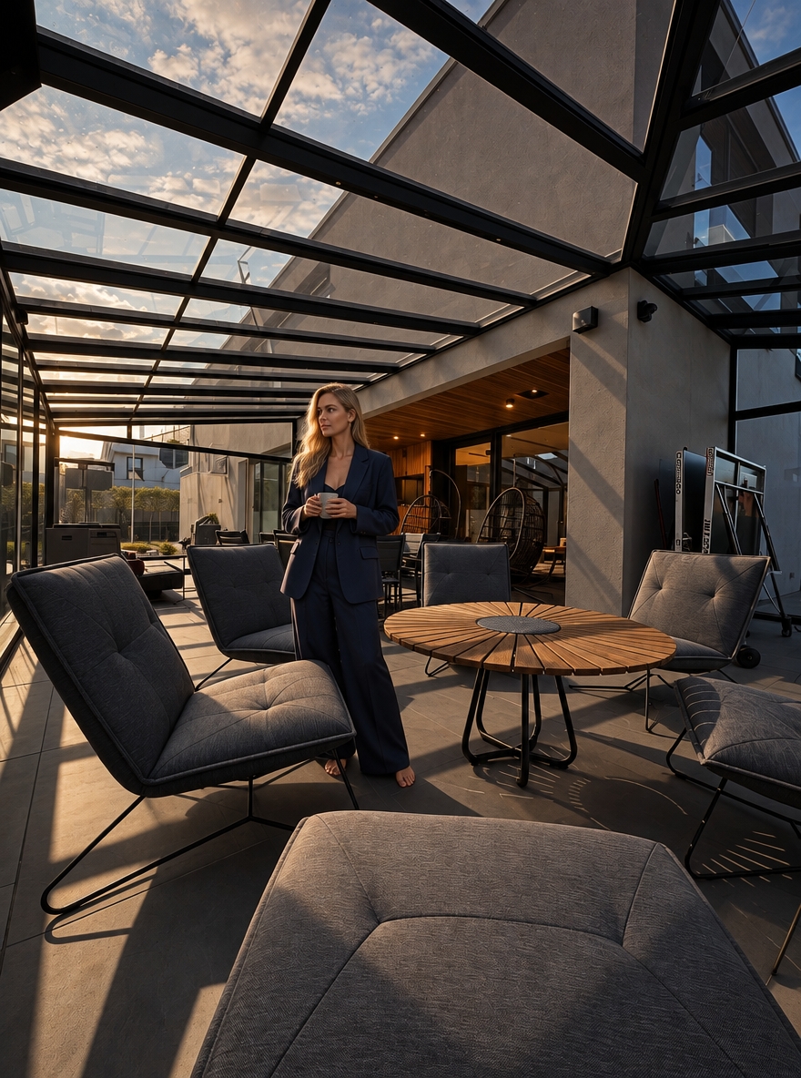 HYPER-REALISTIC ARCHITECTURAL INTERIOR PHOTOGRAPHY — ABSOLUTE REFERENCE PRESERVATION Transform this reference image into an ultra-realistic, high-end architectural lifestyle photograph while preserving absolutely everything visible in the original image. Use the reference image as the exact visual source of truth. The transformation is primarily about photographic realism, material realism, surface texture, lighting, atmosphere, depth, natural imperfections, and realistic human integration. The existing interior design, architecture, finishes, materials, furniture, objects, proportions, perspective and composition must remain unchanged. Do not redesign the interior. Do not reinterpret the interior. Do not replace existing materials. Do not change existing finishes. Do not change the existing colour palette. Do not change the architectural design. Do not change the furniture arrangement. Do not change the composition. The final image must look like the exact same interior photographed professionally with a high-end full-frame camera, with dramatically improved photographic realism and material quality. ================================================== ABSOLUTE PRESERVATION — HIGHEST PRIORITY ================================================== Preserve exactly: - existing architecture - room geometry - proportions - dimensions - walls - ceiling - floor - kitchen island - cabinetry - cabinet layout - tall units - wall panels - backsplash - countertops - appliances - sink - faucet - lighting fixtures - furniture - lounge chair - curtains - decorative objects - accessories - windows - glazing - doors - openings - existing materials - existing colours - existing finishes - object placement - spatial relationships - camera position - camera height - focal-length appearance - perspective - viewing direction - framing - crop - composition - visual hierarchy Do not add architectural elements. Do not remove architectural elements. Do not relocate anything. Do not resize anything. Do not simplify anything. Do not reconstruct anything. Do not modernize anything. Do not make the interior more luxurious by changing its design. Do not make the interior more minimal. Do not change the existing material palette. Do not change the existing colour palette. The original interior design must remain completely intact. ================================================== PRIMARY TRANSFORMATION ================================================== The only intended transformation is: 1. dramatically improve photographic realism 2. improve existing material texture quality 3. improve surface micro-detail 4. improve physically accurate light–material interaction 5. improve realistic reflections 6. improve realistic shadows 7. improve natural depth and tonal transitions 8. improve photographic atmosphere 9. naturally integrate the woman into the existing interior The final image must remain visually identical to the original reference in architecture, design, materials, furniture, objects, spatial relationships, camera and composition. ================================================== OVERALL MOOD ================================================== Create a dark, moody, low-key architectural photography atmosphere. The interior should feel: - warm - quiet - luxurious - sophisticated - intimate - calm - tactile - contemporary - naturally lived-in - architecturally refined Use restrained cinematic underexposure. The image should feel atmospheric and sophisticated rather than dramatically stylized. Maintain deep blacks and controlled shadows while preserving sufficient material information in darker areas. The mood must come from: - realistic exposure - warm artificial light - soft natural daylight - realistic material response - subtle shadow depth - controlled highlights - natural tonal transitions No excessive cinematic stylization. No exaggerated contrast. No crushed shadow detail. No artificial HDR. No excessive bloom. No artificial colour grading. ================================================== LIGHTING — CRITICAL PRIORITY ================================================== Physically accurate architectural photography lighting. Use deliberate cinematic underexposure while maintaining realistic exposure relationships between the interior, woman, furniture, walls, floor, cabinetry, kitchen island, ceiling, and all architectural elements. Warm artificial lighting approximately 2700–3000K remains restrained, soft, directional, and realistic. The warm artificial light should gently graze the existing warm natural wood surfaces and architectural elements, revealing their authentic natural grain, fine pores, subtle surface imperfections, micro-texture, and material depth primarily through controlled highlights and soft shadow transitions. Do NOT turn the existing wood into walnut. Do NOT darken the existing wood. Do NOT make the wood orange. Do NOT make the wood reddish. Do NOT change the existing wood colour. The warm light may create subtle warm tonal influence on the existing wood, but the underlying material and colour must remain faithful to the reference. Natural sunlight remains present and readable. Soft natural daylight enters the space naturally through the existing glazing and interacts with: - the dark floor - kitchen island - existing natural wood cabinetry - original wall surfaces - black architectural elements - countertop - furniture - curtains - decorative objects - the woman Natural daylight should create: - soft realistic highlights - subtle reflections - realistic shadow transitions - believable colour transitions - natural light falloff - physically accurate ambient illumination Maintain realistic exposure relationships between the brighter window area and the darker interior. The window area may remain naturally brighter than the interior, but it should retain believable photographic detail and must not appear artificially blown out. Use realistic: - indirect illumination - global illumination - bounce light - ambient occlusion - contact shadows - cast shadows - reflected light - natural colour bounce - realistic light falloff - physically accurate shadow density The woman must receive exactly the same lighting conditions as the surrounding architecture. Her skin, hair and navy clothing must respond naturally to the same warm artificial light and natural daylight. The woman must NOT appear separately illuminated. No beauty lighting. No studio lighting. No spotlight on the woman. No artificial rim light. No dramatic backlight added specifically for the woman. No artificial glow. No theatrical lighting. No visible light beams. No excessive volumetric light. No excessive bloom. No lens flare. No stylized lighting effects. The final lighting must look as though the entire scene — architecture, furniture, materials and woman — was photographed simultaneously inside the real interior. ================================================== EXISTING WOOD — PRESERVE EXACTLY ================================================== Preserve the existing warm natural wood cabinetry and wall elements exactly as shown in the reference. The existing wood colour must remain unchanged. Do NOT transform it into: - dark walnut - black wood - orange wood - reddish wood - yellow oak - grey wood - artificially stained wood Do not change the apparent species or visual identity of the existing wood. Only improve the realism and texture quality. The existing wood should look like authentic high-end natural architectural veneer photographed in real life. Create extremely realistic: - fine natural grain - subtle longitudinal grain direction - delicate pore structure - microscopic tonal variation - natural growth variation - subtle differences between veneer sheets - realistic veneer transitions - subtle surface irregularities - extremely fine tactile texture - realistic edge definition - natural light absorption - physically accurate reflectivity - subtle dimensional depth The grain should remain relatively calm, elegant and architectural. Avoid exaggerated rustic grain. Avoid dramatic knots. Avoid excessive contrast in the grain. Avoid repetitive patterns. Avoid cloned grain. Avoid procedural texture. Avoid perfectly uniform surfaces. Avoid excessive sharpening. The wood should look more realistic, not different. ================================================== WOOD SURFACE FINISH ================================================== Preserve the existing matte-to-satin appearance. Use subtle, physically accurate reflectivity. The surface should contain: - soft diffuse reflection - extremely subtle highlights - realistic micro-roughness - visible but restrained grain - natural pore structure - slight imperfections - realistic material depth The wood must never appear: - plastic - laminated - artificially glossy - artificially dark - synthetic - flat - CGI-generated ================================================== WALLS — ORIGINAL FINISH PRESERVED ================================================== Preserve the existing wall finish exactly as shown in the reference. Do NOT replace the walls with: - walnut - wood - concrete - stone - marble - decorative plaster - microcement - architectural panels - another material Do NOT change their colour. Do NOT change their geometry. Do NOT add cladding. Do NOT remove wall surfaces. Only improve their texture and photographic realism. The original wall surface should gain subtle: - micro-texture - natural surface irregularities - very fine tonal variation - realistic diffuse response - subtle pores - natural imperfections - believable material depth - realistic interaction with light The texture must remain subtle. It should be visible primarily through realistic light grazing across the surface rather than exaggerated artificial detail. The walls must still look exactly like the original walls. ================================================== CEILING — ORIGINAL FINISH PRESERVED ================================================== Preserve the existing ceiling exactly. Do not change: - colour - geometry - height - surface finish - lighting positions Improve only photographic realism. Create subtle natural tonal variation and realistic light falloff. No artificial texture. No decorative redesign. ================================================== BLACK ELEMENTS ================================================== Preserve all existing black elements exactly. This includes: - black cabinetry - black island - black backsplash - black vertical architectural elements - black curtains - black metal details - black frames - dark floor Do not change their colour. Do not lighten them. Do not replace them. Improve only their physical realism. Black surfaces should retain deep rich blacks while preserving subtle material information. Create realistic: - micro-roughness - soft reflections - subtle tonal variation - natural specular response - fine surface imperfections - realistic light absorption No artificial glossy black. No plastic black. No crushed black detail. No CGI appearance. ================================================== FLOOR — ORIGINAL DARK FINISH PRESERVED ================================================== Keep the existing dark floor exactly as shown in the reference. Do NOT replace it with concrete. Do NOT make it light grey. Do NOT change its colour. Do NOT change its geometry. Do NOT introduce new joints. Only improve its realism. Add extremely subtle: - natural micro-texture - fine surface variation - realistic diffuse reflection - subtle sheen - natural imperfections - physically accurate light reflection - realistic contact shadows The floor must remain dark, elegant and understated. No wet appearance. No mirror-like reflection. No excessive gloss. No plastic appearance. No artificial uniformity. ================================================== COUNTERTOPS ================================================== Preserve the existing countertop exactly. Maintain: - colour - geometry - thickness - edge profile - surface character - spatial position Improve only its physical realism. Create subtle: - mineral variation - micro-texture - realistic roughness - natural tonal variation - physically accurate reflection No material replacement. No colour change. ================================================== BLACK BACKSPLASH ================================================== Preserve the existing black backsplash exactly. Improve only: - surface depth - subtle micro-texture - realistic reflection - micro-roughness - light interaction - tonal variation Keep it dark, sophisticated and understated. No mirror effect. No excessive gloss. ================================================== METAL ELEMENTS ================================================== Preserve all existing metal fixtures and hardware exactly. This includes: - faucet - handles - lighting details - metal frames - other visible metal components Maintain their existing colour and finish. Improve: - realistic metal reflectivity - subtle imperfections - physically correct highlights - realistic edge reflections - natural interaction with surrounding light No exaggerated chrome. No excessive sharp reflections. ================================================== GLASS AND WINDOWS ================================================== Preserve the existing glazing and window frames exactly. Glass should remain physically realistic with: - subtle transparency - realistic reflections - slight atmospheric variation - natural exterior light - physically accurate refraction Do not alter the window dimensions. Do not redesign the glazing. Do not change the exterior architecture visible through the glass. ================================================== CURTAINS AND TEXTILES ================================================== Preserve the existing curtains and textiles exactly. Improve their realism through: - authentic textile structure - subtle individual fibre detail - natural folds - gravity-driven draping - realistic compression - realistic light absorption - natural shadow behaviour No artificial smoothing. No synthetic appearance. ================================================== MATERIAL REALISM ================================================== All materials must exhibit physically accurate behaviour under the existing lighting. Every surface should contain subtle real-world micro-imperfections appropriate to its material. Upholstered fabrics should show: - realistic textile density - subtle individual fibres - soft light absorption - natural creasing - subtle compression - realistic shadow behaviour Stone and mineral surfaces should feel: - heavy - tactile - dense - physically real - subtly porous - naturally varied Glass should remain: - physically transparent - subtly reflective - naturally refractive Metal should remain: - subdued - physically reflective - controlled in its highlights Wood should remain: - natural - warm - tactile - subtly textured - physically dimensional No material should appear excessively glossy or artificially perfect. ================================================== WOMAN — SAME WOMAN AS PREVIOUSLY CREATED ================================================== Add the SAME blonde woman from the previously created reference. She must visually correspond to the exact same woman previously generated. Do NOT generate a different woman. Do NOT create a generic blonde model. Preserve the same: - blonde hair character - hairstyle - facial proportions - facial character - natural expression - body type - body proportions - feminine silhouette - age appearance - overall appearance - relaxed personality - photographic quality She should look like the exact same real woman photographed during the same professional architectural photoshoot. ================================================== WOMAN — NATURAL APPEARANCE ================================================== Naturally beautiful adult blonde woman. Long, loose, softly wavy blonde hair. Warm natural blonde colour with subtle darker blonde roots and realistic tonal variation. Individual hair strands must be visible. Hair should contain: - natural flyaway strands - realistic density - believable volume - subtle irregularities - natural highlights - realistic interaction with ambient light Facial features should be refined but completely natural. Preserve subtle natural facial asymmetry. Skin should contain: - realistic pores - tiny imperfections - subtle tonal variation - believable translucency - physically accurate subsurface scattering - natural highlights - realistic shadow transitions No plastic skin. No airbrushed skin. No artificial beauty filter. No excessive smoothing. No mannequin appearance. No generic AI face. No excessive beauty retouching. ================================================== OUTFIT — SAME DESIGN, DEEP NAVY BLUE ================================================== The woman wears the SAME relaxed two-piece outfit from the original prompt, but the colour is changed to sophisticated deep navy blue. The outfit consists of: - relaxed oversized beige-style tailored blazer silhouette - matching very wide-leg full-length trousers - flowing wide trouser silhouette - relaxed contemporary tailoring - understated luxury aesthetic - premium linen-look textile - matte tactile surface The design, cut, proportions and silhouette must remain the same. Only the colour changes. The outfit colour must be: - deep navy blue - rich dark navy - sophisticated - slightly desaturated - elegant - architectural The navy must remain visibly navy rather than becoming black. Avoid: - bright blue - royal blue - electric blue - cyan - turquoise - purple-blue - overly saturated blue The navy fabric should respond naturally to the warm interior lighting. Warm light may create extremely subtle warm tonal influence on the fabric while the garment remains clearly deep navy. ================================================== CLOTHING REALISM ================================================== The navy outfit must look like genuine premium linen or very high-quality linen-look fabric. Include: - authentic fibre structure - subtle weave visibility - natural weave irregularities - realistic textile density - natural wrinkles - soft creasing - realistic compression - gravity-driven folds - slight irregularity - natural tension around elbows - realistic folds around waist - realistic folds around hips - natural draping around legs - matte light absorption - subtle highlights only where fabric catches light The trousers must remain VERY WIDE, flowing and full-length. The trouser legs should naturally fall toward the floor with realistic weight and gravity. The blazer should remain relaxed and slightly oversized. No synthetic appearance. No plastic texture. No glossy fabric. No excessive stiffness. No fashion illustration. No different outfit. No dress. No skirt. No jeans. No narrow trousers. No leggings. No bright colours. No logos. No unnecessary accessories. ================================================== BAREFOOT ================================================== The woman is barefoot. Her feet must be: - anatomically correct - naturally positioned - correctly proportioned - physically grounded - realistic in scale Use subtle physically accurate contact shadows. No floating feet. No distorted toes. No anatomical errors. ================================================== POSE ================================================== The woman stands naturally and calmly within the existing interior. Her posture is: - relaxed - subtle - elegant - believable - spontaneous Avoid a fashion-model pose. Avoid exaggerated body language. Avoid dramatic gestures. Use natural weight distribution. Relaxed shoulders. Subtle asymmetry. Natural arms and hands. Natural posture. She should look as though she is naturally inhabiting the kitchen during an architectural photoshoot. She should NOT appear to be intentionally posing for the camera. ================================================== HUMAN SCALE ================================================== Maintain physically correct human scale relative to: - kitchen island - cabinetry - countertop - doors - walls - floor - furniture - architectural openings - ceiling height - surrounding objects The woman must be correctly integrated into the spatial perspective. No oversized body. No undersized body. No distorted proportions. ================================================== HYPER-REALISTIC HUMAN DETAIL ================================================== The woman must look completely real. Skin: - realistic pores - subtle fine lines - natural imperfections - realistic tonal variation - believable translucency - soft subsurface scattering - natural highlights - realistic shadow transitions Hair: - individual strands - natural flyaway hairs - realistic density - physically believable volume - subtle tonal variation - natural highlights - realistic interaction with ambient light Hands: - anatomically correct hands - realistic fingers - correct finger proportions - natural joints - subtle skin folds - realistic nails Feet: - anatomically correct - realistic toes - realistic skin texture - natural weight distribution - accurate contact with floor ================================================== INTEGRATION WITH ARCHITECTURE ================================================== The woman must be physically integrated into the existing interior. She must receive exactly the same lighting conditions as the surrounding architecture. Her skin, hair and clothing must respond naturally to the same warm artificial light and natural daylight. Use physically accurate: - indirect illumination - reflected light - colour bounce - ambient occlusion - contact shadows - cast shadows - light falloff - exposure - depth - atmospheric interaction The existing warm natural wood should subtly influence the light falling onto her clothing and skin where physically appropriate. The dark floor should create subtle, physically accurate reflected ambient light. Her navy clothing should absorb and reflect light naturally according to its textile properties. Her presence must feel as if she was physically standing in the interior during the original architectural photoshoot. No cutout appearance. No pasted-on appearance. No halo. No edge artefacts. No mismatched sharpness. No mismatched colour temperature. No mismatched exposure. No artificial compositing. No artificial spotlight. ================================================== CAMERA AND COMPOSITION ================================================== The camera remains COMPLETELY LOCKED. Preserve exactly: - camera position - camera height - focal length - perspective - viewing direction - framing - crop - composition - architectural proportions - spatial relationships Do not move the camera. Do not zoom. Do not crop. Do not change the lens. Do not create another angle. Do not introduce another shot. Do not alter the perspective. The woman must be inserted into the existing composition without changing the framing. ================================================== DEPTH OF FIELD ================================================== Use natural full-frame architectural photography depth of field. Maintain realistic focus relationships between architecture and woman. No artificial excessive background blur. No cinematic fake bokeh. No exaggerated shallow depth of field. The image must retain sufficient architectural detail throughout the scene. ================================================== PHOTOGRAPHIC MICRO-DETAIL ================================================== Extremely realistic micro-contrast and organic sharpness. Natural full-frame camera rendering. Subtle optical characteristics of a professional architectural lens. Natural tonal roll-off. Realistic highlight behaviour. Realistic shadow transitions. Subtle film grain. No oversharpening. No excessive clarity. No HDR appearance. No artificial micro-contrast. No digital noise. ================================================== PHOTOGRAPHIC REALISM ================================================== The final image must look like a genuine high-end architectural photograph captured with a professional full-frame camera. It must NOT look like: - CGI - 3D render - computer-generated visualization - digital illustration - AI-generated interior - stylized image Use: - organic photographic sharpness - realistic micro-contrast - natural tonal roll-off - realistic highlights - realistic shadows - physically accurate reflections - natural material response - subtle optical characteristics - subtle film grain - authentic colour response No artificial perfection. ================================================== FINAL IMAGE QUALITY ================================================== Extreme detail. Hyper-realistic material definition. Organic photographic sharpness. Physically accurate light–material interaction. Natural human realism. Realistic architectural scale. Realistic reflections. Realistic shadows. Realistic textures. Realistic colour grading. Deep blacks. Controlled highlights. Natural tonal roll-off. Subtle film grain. Sophisticated editorial photography aesthetic. The final image must be completely indistinguishable from a real high-end architectural photograph captured on a professional full-frame camera. The architecture must remain exactly as in the reference. The materials must remain exactly as in the reference. The colours of the interior must remain exactly as in the reference. The camera must remain exactly as in the reference. The composition must remain exactly as in the reference. The woman must look like the SAME blonde woman previously created. She must wear the SAME two-piece outfit design, but in deep navy blue. She must appear completely real, natural, anatomically correct, physically grounded, and perfectly integrated into the architectural photograph. ================================================== FINAL NEGATIVE CONSTRAINTS ================================================== NO CHANGE TO ARCHITECTURE. NO CHANGE TO WALL FINISH. NO CHANGE TO FLOOR FINISH. NO CHANGE TO WOOD COLOUR. NO DARK WALNUT. NO LIGHT CONCRETE. NO MATERIAL REPLACEMENT. NO CHANGE TO CABINETRY. NO CHANGE TO FURNITURE. NO CHANGE TO OBJECT PLACEMENT. NO CHANGE TO LIGHTING DESIGN. NO CHANGE TO CAMERA. NO CHANGE TO PERSPECTIVE. NO CHANGE TO COMPOSITION. NO REDESIGN. NO REARRANGEMENT. NO NEW ARCHITECTURAL ELEMENTS. NO CGI LOOK. NO 3D RENDER LOOK. NO AI-GENERATED LOOK. NO DIGITAL ILLUSTRATION. NO STYLIZATION. NO ARTIFICIAL PERFECTION. NO PLASTIC MATERIALS. NO PLASTIC SKIN. NO FAKE WOOD GRAIN. NO PROCEDURAL TEXTURES. NO CLONED TEXTURES. NO EXCESSIVE WOOD GRAIN. NO EXCESSIVE GLOSS. NO ARTIFICIAL MIRROR REFLECTIONS. NO ARTIFICIAL HDR. NO EXCESSIVE SHARPNESS. NO ARTIFICIAL BOKEH. NO THEATRICAL LIGHTING. NO LIGHT BEAMS. NO LENS FLARE. NO EXCESSIVE BLOOM. NO ARTIFICIAL SPOTLIGHT ON WOMAN. NO BEAUTY LIGHTING. NO FASHION-MODEL POSE. NO CHILDREN. NO ADDITIONAL PEOPLE. NO DIFFERENT WOMAN. NO GENERIC AI FACE. NO BEAUTY FILTER. NO MANNEQUIN APPEARANCE. NO DISTORTED HANDS. NO DISTORTED FEET. NO ANATOMICAL ERRORS. NO FLOATING BODY. NO CUTOUT EFFECT. NO HALO. NO EDGE ARTEFACTS. NO COMPOSITING ARTEFACTS. NO MISMATCHED LIGHTING. NO MISMATCHED EXPOSURE. NO MISMATCHED COLOUR TEMPERATURE. NO MISMATCHED SHARPNESS. ================================================== FINAL DIRECTIVE ================================================== Preserve the exact original kitchen. Preserve the exact original architecture. Preserve the exact original materials. Preserve the exact original wall finish. Preserve the exact original warm natural wood. Preserve the exact original dark floor. Preserve the exact original black elements. Preserve the exact original furniture and objects. Preserve the exact original camera and composition. Improve ONLY photographic realism, material texture, micro-detail, lighting realism, surface depth, reflections, shadows and natural human integration. Maintain the dark, moody, warm, sophisticated luxury atmosphere of the original prompt. Use realistic 2700–3000K warm artificial lighting combined with soft natural daylight. Keep the interior deliberately slightly underexposed while preserving realistic material information. The woman must be the same blonde woman as previously created. She must wear the same wide-leg two-piece outfit design in sophisticated deep navy blue. She must look physically present inside the space, naturally illuminated by the exact same lighting as the architecture. The final result must look like a real professional architectural photograph, not a redesigned interior and not a CGI visualization.