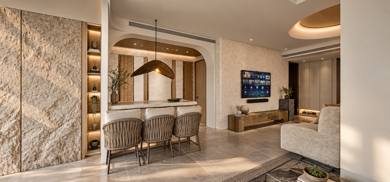 A high-end architectural interior photograph of the exact room layout, captured with a professional full-frame camera and a perspective-corrected wide-angle lens ensuring perfectly upright verticals. Soft, warm late-afternoon daylight filters in naturally from off-camera, balanced by clean 4000K interior illumination from the recessed ceiling fixture, the organic pendant lamp, and integrated warm accent lighting in the tall vertical display shelf. Surfaces are rendered with rich, lifelike physical textures: the textured stone-like feature wall shows tactile relief, the bar stools feature natural woven rope backs with soft upholstered cushions, the low TV bench displays authentic wood grain variations, and the large-format floor tiles exhibit a soft matte sheen with subtle contact shadows. Atmospheric depth is emphasized through gentle light falloff into the hallway, crisp ambient occlusion in the archway, and a clean, balanced RAW photographic grade free from hyper-saturated or artificial HDR artifacts.