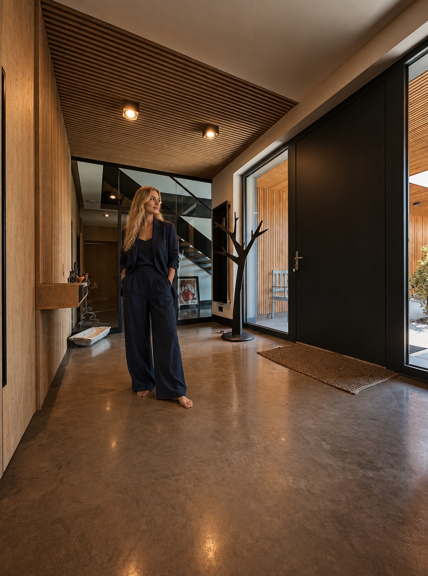 HYPER-REALISTIC ARCHITECTURAL INTERIOR PHOTOGRAPHY — ABSOLUTE REFERENCE PRESERVATION Transform this reference image into an ultra-realistic, high-end architectural lifestyle photograph while preserving absolutely everything visible in the original image. Use the reference image as the exact visual source of truth. The transformation is primarily about photographic realism, material realism, surface texture, lighting, atmosphere, depth, natural imperfections, and realistic human integration. The existing interior design, architecture, finishes, materials, furniture, objects, proportions, perspective and composition must remain unchanged. Do not redesign the interior. Do not reinterpret the interior. Do not replace existing materials. Do not change existing finishes. Do not change the existing colour palette. Do not change the architectural design. Do not change the furniture arrangement. Do not change the composition. The final image must look like the exact same interior photographed professionally with a high-end full-frame camera, with dramatically improved photographic realism and material quality. ================================================== ABSOLUTE PRESERVATION — HIGHEST PRIORITY ================================================== Preserve exactly: - existing architecture - room geometry - proportions - dimensions - walls - ceiling - floor - kitchen island - cabinetry - cabinet layout - tall units - wall panels - backsplash - countertops - appliances - sink - faucet - lighting fixtures - furniture - lounge chair - curtains - decorative objects - accessories - windows - glazing - doors - openings - existing materials - existing colours - existing finishes - object placement - spatial relationships - camera position - camera height - focal-length appearance - perspective - viewing direction - framing - crop - composition - visual hierarchy Do not add architectural elements. Do not remove architectural elements. Do not relocate anything. Do not resize anything. Do not simplify anything. Do not reconstruct anything. Do not modernize anything. Do not make the interior more luxurious by changing its design. Do not make the interior more minimal. Do not change the existing material palette. Do not change the existing colour palette. The original interior design must remain completely intact. ================================================== PRIMARY TRANSFORMATION ================================================== The only intended transformation is: 1. dramatically improve photographic realism 2. improve existing material texture quality 3. improve surface micro-detail 4. improve physically accurate light–material interaction 5. improve realistic reflections 6. improve realistic shadows 7. improve natural depth and tonal transitions 8. improve photographic atmosphere 9. naturally integrate the woman into the existing interior The final image must remain visually identical to the original reference in architecture, design, materials, furniture, objects, spatial relationships, camera and composition. ================================================== OVERALL MOOD ================================================== Create a dark, moody, low-key architectural photography atmosphere. The interior should feel: - warm - quiet - luxurious - sophisticated - intimate - calm - tactile - contemporary - naturally lived-in - architecturally refined Use restrained cinematic underexposure. The image should feel atmospheric and sophisticated rather than dramatically stylized. Maintain deep blacks and controlled shadows while preserving sufficient material information in darker areas. The mood must come from: - realistic exposure - warm artificial light - soft natural daylight - realistic material response - subtle shadow depth - controlled highlights - natural tonal transitions No excessive cinematic stylization. No exaggerated contrast. No crushed shadow detail. No artificial HDR. No excessive bloom. No artificial colour grading. ================================================== LIGHTING — CRITICAL PRIORITY ================================================== Physically accurate architectural photography lighting. Use deliberate cinematic underexposure while maintaining realistic exposure relationships between the interior, woman, furniture, walls, floor, cabinetry, kitchen island, ceiling, and all architectural elements. Warm artificial lighting approximately 2700–3000K remains restrained, soft, directional, and realistic. The warm artificial light should gently graze the existing warm natural wood surfaces and architectural elements, revealing their authentic natural grain, fine pores, subtle surface imperfections, micro-texture, and material depth primarily through controlled highlights and soft shadow transitions. Do NOT turn the existing wood into walnut. Do NOT darken the existing wood. Do NOT make the wood orange. Do NOT make the wood reddish. Do NOT change the existing wood colour. The warm light may create subtle warm tonal influence on the existing wood, but the underlying material and colour must remain faithful to the reference. Natural sunlight remains present and readable. Soft natural daylight enters the space naturally through the existing glazing and interacts with: - the dark floor - kitchen island - existing natural wood cabinetry - original wall surfaces - black architectural elements - countertop - furniture - curtains - decorative objects - the woman Natural daylight should create: - soft realistic highlights - subtle reflections - realistic shadow transitions - believable colour transitions - natural light falloff - physically accurate ambient illumination Maintain realistic exposure relationships between the brighter window area and the darker interior. The window area may remain naturally brighter than the interior, but it should retain believable photographic detail and must not appear artificially blown out. Use realistic: - indirect illumination - global illumination - bounce light - ambient occlusion - contact shadows - cast shadows - reflected light - natural colour bounce - realistic light falloff - physically accurate shadow density The woman must receive exactly the same lighting conditions as the surrounding architecture. Her skin, hair and navy clothing must respond naturally to the same warm artificial light and natural daylight. The woman must NOT appear separately illuminated. No beauty lighting. No studio lighting. No spotlight on the woman. No artificial rim light. No dramatic backlight added specifically for the woman. No artificial glow. No theatrical lighting. No visible light beams. No excessive volumetric light. No excessive bloom. No lens flare. No stylized lighting effects. The final lighting must look as though the entire scene — architecture, furniture, materials and woman — was photographed simultaneously inside the real interior. ================================================== EXISTING WOOD — PRESERVE EXACTLY ================================================== Preserve the existing warm natural wood cabinetry and wall elements exactly as shown in the reference. The existing wood colour must remain unchanged. Do NOT transform it into: - dark walnut - black wood - orange wood - reddish wood - yellow oak - grey wood - artificially stained wood Do not change the apparent species or visual identity of the existing wood. Only improve the realism and texture quality. The existing wood should look like authentic high-end natural architectural veneer photographed in real life. Create extremely realistic: - fine natural grain - subtle longitudinal grain direction - delicate pore structure - microscopic tonal variation - natural growth variation - subtle differences between veneer sheets - realistic veneer transitions - subtle surface irregularities - extremely fine tactile texture - realistic edge definition - natural light absorption - physically accurate reflectivity - subtle dimensional depth The grain should remain relatively calm, elegant and architectural. Avoid exaggerated rustic grain. Avoid dramatic knots. Avoid excessive contrast in the grain. Avoid repetitive patterns. Avoid cloned grain. Avoid procedural texture. Avoid perfectly uniform surfaces. Avoid excessive sharpening. The wood should look more realistic, not different. ================================================== WOOD SURFACE FINISH ================================================== Preserve the existing matte-to-satin appearance. Use subtle, physically accurate reflectivity. The surface should contain: - soft diffuse reflection - extremely subtle highlights - realistic micro-roughness - visible but restrained grain - natural pore structure - slight imperfections - realistic material depth The wood must never appear: - plastic - laminated - artificially glossy - artificially dark - synthetic - flat - CGI-generated ================================================== WALLS — ORIGINAL FINISH PRESERVED ================================================== Preserve the existing wall finish exactly as shown in the reference. Do NOT replace the walls with: - walnut - wood - concrete - stone - marble - decorative plaster - microcement - architectural panels - another material Do NOT change their colour. Do NOT change their geometry. Do NOT add cladding. Do NOT remove wall surfaces. Only improve their texture and photographic realism. The original wall surface should gain subtle: - micro-texture - natural surface irregularities - very fine tonal variation - realistic diffuse response - subtle pores - natural imperfections - believable material depth - realistic interaction with light The texture must remain subtle. It should be visible primarily through realistic light grazing across the surface rather than exaggerated artificial detail. The walls must still look exactly like the original walls. ================================================== CEILING — ORIGINAL FINISH PRESERVED ================================================== Preserve the existing ceiling exactly. Do not change: - colour - geometry - height - surface finish - lighting positions Improve only photographic realism. Create subtle natural tonal variation and realistic light falloff. No artificial texture. No decorative redesign. ================================================== BLACK ELEMENTS ================================================== Preserve all existing black elements exactly. This includes: - black cabinetry - black island - black backsplash - black vertical architectural elements - black curtains - black metal details - black frames - dark floor Do not change their colour. Do not lighten them. Do not replace them. Improve only their physical realism. Black surfaces should retain deep rich blacks while preserving subtle material information. Create realistic: - micro-roughness - soft reflections - subtle tonal variation - natural specular response - fine surface imperfections - realistic light absorption No artificial glossy black. No plastic black. No crushed black detail. No CGI appearance. ================================================== FLOOR — ORIGINAL DARK FINISH PRESERVED ================================================== Keep the existing dark floor exactly as shown in the reference. Do NOT replace it with concrete. Do NOT make it light grey. Do NOT change its colour. Do NOT change its geometry. Do NOT introduce new joints. Only improve its realism. Add extremely subtle: - natural micro-texture - fine surface variation - realistic diffuse reflection - subtle sheen - natural imperfections - physically accurate light reflection - realistic contact shadows The floor must remain dark, elegant and understated. No wet appearance. No mirror-like reflection. No excessive gloss. No plastic appearance. No artificial uniformity. ================================================== COUNTERTOPS ================================================== Preserve the existing countertop exactly. Maintain: - colour - geometry - thickness - edge profile - surface character - spatial position Improve only its physical realism. Create subtle: - mineral variation - micro-texture - realistic roughness - natural tonal variation - physically accurate reflection No material replacement. No colour change. ================================================== BLACK BACKSPLASH ================================================== Preserve the existing black backsplash exactly. Improve only: - surface depth - subtle micro-texture - realistic reflection - micro-roughness - light interaction - tonal variation Keep it dark, sophisticated and understated. No mirror effect. No excessive gloss. ================================================== METAL ELEMENTS ================================================== Preserve all existing metal fixtures and hardware exactly. This includes: - faucet - handles - lighting details - metal frames - other visible metal components Maintain their existing colour and finish. Improve: - realistic metal reflectivity - subtle imperfections - physically correct highlights - realistic edge reflections - natural interaction with surrounding light No exaggerated chrome. No excessive sharp reflections. ================================================== GLASS AND WINDOWS ================================================== Preserve the existing glazing and window frames exactly. Glass should remain physically realistic with: - subtle transparency - realistic reflections - slight atmospheric variation - natural exterior light - physically accurate refraction Do not alter the window dimensions. Do not redesign the glazing. Do not change the exterior architecture visible through the glass. ================================================== CURTAINS AND TEXTILES ================================================== Preserve the existing curtains and textiles exactly. Improve their realism through: - authentic textile structure - subtle individual fibre detail - natural folds - gravity-driven draping - realistic compression - realistic light absorption - natural shadow behaviour No artificial smoothing. No synthetic appearance. ================================================== MATERIAL REALISM ================================================== All materials must exhibit physically accurate behaviour under the existing lighting. Every surface should contain subtle real-world micro-imperfections appropriate to its material. Upholstered fabrics should show: - realistic textile density - subtle individual fibres - soft light absorption - natural creasing - subtle compression - realistic shadow behaviour Stone and mineral surfaces should feel: - heavy - tactile - dense - physically real - subtly porous - naturally varied Glass should remain: - physically transparent - subtly reflective - naturally refractive Metal should remain: - subdued - physically reflective - controlled in its highlights Wood should remain: - natural - warm - tactile - subtly textured - physically dimensional No material should appear excessively glossy or artificially perfect. ================================================== WOMAN — SAME WOMAN AS PREVIOUSLY CREATED ================================================== Add the SAME blonde woman from the previously created reference. She must visually correspond to the exact same woman previously generated. Do NOT generate a different woman. Do NOT create a generic blonde model. Preserve the same: - blonde hair character - hairstyle - facial proportions - facial character - natural expression - body type - body proportions - feminine silhouette - age appearance - overall appearance - relaxed personality - photographic quality She should look like the exact same real woman photographed during the same professional architectural photoshoot. ================================================== WOMAN — NATURAL APPEARANCE ================================================== Naturally beautiful adult blonde woman. Long, loose, softly wavy blonde hair. Warm natural blonde colour with subtle darker blonde roots and realistic tonal variation. Individual hair strands must be visible. Hair should contain: - natural flyaway strands - realistic density - believable volume - subtle irregularities - natural highlights - realistic interaction with ambient light Facial features should be refined but completely natural. Preserve subtle natural facial asymmetry. Skin should contain: - realistic pores - tiny imperfections - subtle tonal variation - believable translucency - physically accurate subsurface scattering - natural highlights - realistic shadow transitions No plastic skin. No airbrushed skin. No artificial beauty filter. No excessive smoothing. No mannequin appearance. No generic AI face. No excessive beauty retouching. ================================================== OUTFIT — SAME DESIGN, DEEP NAVY BLUE ================================================== The woman wears the SAME relaxed two-piece outfit from the original prompt, but the colour is changed to sophisticated deep navy blue. The outfit consists of: - relaxed oversized beige-style tailored blazer silhouette - matching very wide-leg full-length trousers - flowing wide trouser silhouette - relaxed contemporary tailoring - understated luxury aesthetic - premium linen-look textile - matte tactile surface The design, cut, proportions and silhouette must remain the same. Only the colour changes. The outfit colour must be: - deep navy blue - rich dark navy - sophisticated - slightly desaturated - elegant - architectural The navy must remain visibly navy rather than becoming black. Avoid: - bright blue - royal blue - electric blue - cyan - turquoise - purple-blue - overly saturated blue The navy fabric should respond naturally to the warm interior lighting. Warm light may create extremely subtle warm tonal influence on the fabric while the garment remains clearly deep navy. ================================================== CLOTHING REALISM ================================================== The navy outfit must look like genuine premium linen or very high-quality linen-look fabric. Include: - authentic fibre structure - subtle weave visibility - natural weave irregularities - realistic textile density - natural wrinkles - soft creasing - realistic compression - gravity-driven folds - slight irregularity - natural tension around elbows - realistic folds around waist - realistic folds around hips - natural draping around legs - matte light absorption - subtle highlights only where fabric catches light The trousers must remain VERY WIDE, flowing and full-length. The trouser legs should naturally fall toward the floor with realistic weight and gravity. The blazer should remain relaxed and slightly oversized. No synthetic appearance. No plastic texture. No glossy fabric. No excessive stiffness. No fashion illustration. No different outfit. No dress. No skirt. No jeans. No narrow trousers. No leggings. No bright colours. No logos. No unnecessary accessories. ================================================== BAREFOOT ================================================== The woman is barefoot. Her feet must be: - anatomically correct - naturally positioned - correctly proportioned - physically grounded - realistic in scale Use subtle physically accurate contact shadows. No floating feet. No distorted toes. No anatomical errors. ================================================== POSE ================================================== The woman stands naturally and calmly within the existing interior. Her posture is: - relaxed - subtle - elegant - believable - spontaneous Avoid a fashion-model pose. Avoid exaggerated body language. Avoid dramatic gestures. Use natural weight distribution. Relaxed shoulders. Subtle asymmetry. Natural arms and hands. Natural posture. She should look as though she is naturally inhabiting the kitchen during an architectural photoshoot. She should NOT appear to be intentionally posing for the camera. ================================================== HUMAN SCALE ================================================== Maintain physically correct human scale relative to: - kitchen island - cabinetry - countertop - doors - walls - floor - furniture - architectural openings - ceiling height - surrounding objects The woman must be correctly integrated into the spatial perspective. No oversized body. No undersized body. No distorted proportions. ================================================== HYPER-REALISTIC HUMAN DETAIL ================================================== The woman must look completely real. Skin: - realistic pores - subtle fine lines - natural imperfections - realistic tonal variation - believable translucency - soft subsurface scattering - natural highlights - realistic shadow transitions Hair: - individual strands - natural flyaway hairs - realistic density - physically believable volume - subtle tonal variation - natural highlights - realistic interaction with ambient light Hands: - anatomically correct hands - realistic fingers - correct finger proportions - natural joints - subtle skin folds - realistic nails Feet: - anatomically correct - realistic toes - realistic skin texture - natural weight distribution - accurate contact with floor ================================================== INTEGRATION WITH ARCHITECTURE ================================================== The woman must be physically integrated into the existing interior. She must receive exactly the same lighting conditions as the surrounding architecture. Her skin, hair and clothing must respond naturally to the same warm artificial light and natural daylight. Use physically accurate: - indirect illumination - reflected light - colour bounce - ambient occlusion - contact shadows - cast shadows - light falloff - exposure - depth - atmospheric interaction The existing warm natural wood should subtly influence the light falling onto her clothing and skin where physically appropriate. The dark floor should create subtle, physically accurate reflected ambient light. Her navy clothing should absorb and reflect light naturally according to its textile properties. Her presence must feel as if she was physically standing in the interior during the original architectural photoshoot. No cutout appearance. No pasted-on appearance. No halo. No edge artefacts. No mismatched sharpness. No mismatched colour temperature. No mismatched exposure. No artificial compositing. No artificial spotlight. ================================================== CAMERA AND COMPOSITION ================================================== The camera remains COMPLETELY LOCKED. Preserve exactly: - camera position - camera height - focal length - perspective - viewing direction - framing - crop - composition - architectural proportions - spatial relationships Do not move the camera. Do not zoom. Do not crop. Do not change the lens. Do not create another angle. Do not introduce another shot. Do not alter the perspective. The woman must be inserted into the existing composition without changing the framing. ================================================== DEPTH OF FIELD ================================================== Use natural full-frame architectural photography depth of field. Maintain realistic focus relationships between architecture and woman. No artificial excessive background blur. No cinematic fake bokeh. No exaggerated shallow depth of field. The image must retain sufficient architectural detail throughout the scene. ================================================== PHOTOGRAPHIC MICRO-DETAIL ================================================== Extremely realistic micro-contrast and organic sharpness. Natural full-frame camera rendering. Subtle optical characteristics of a professional architectural lens. Natural tonal roll-off. Realistic highlight behaviour. Realistic shadow transitions. Subtle film grain. No oversharpening. No excessive clarity. No HDR appearance. No artificial micro-contrast. No digital noise. ================================================== PHOTOGRAPHIC REALISM ================================================== The final image must look like a genuine high-end architectural photograph captured with a professional full-frame camera. It must NOT look like: - CGI - 3D render - computer-generated visualization - digital illustration - AI-generated interior - stylized image Use: - organic photographic sharpness - realistic micro-contrast - natural tonal roll-off - realistic highlights - realistic shadows - physically accurate reflections - natural material response - subtle optical characteristics - subtle film grain - authentic colour response No artificial perfection. ================================================== FINAL IMAGE QUALITY ================================================== Extreme detail. Hyper-realistic material definition. Organic photographic sharpness. Physically accurate light–material interaction. Natural human realism. Realistic architectural scale. Realistic reflections. Realistic shadows. Realistic textures. Realistic colour grading. Deep blacks. Controlled highlights. Natural tonal roll-off. Subtle film grain. Sophisticated editorial photography aesthetic. The final image must be completely indistinguishable from a real high-end architectural photograph captured on a professional full-frame camera. The architecture must remain exactly as in the reference. The materials must remain exactly as in the reference. The colours of the interior must remain exactly as in the reference. The camera must remain exactly as in the reference. The composition must remain exactly as in the reference. The woman must look like the SAME blonde woman previously created. She must wear the SAME two-piece outfit design, but in deep navy blue. She must appear completely real, natural, anatomically correct, physically grounded, and perfectly integrated into the architectural photograph. ================================================== FINAL NEGATIVE CONSTRAINTS ================================================== NO CHANGE TO ARCHITECTURE. NO CHANGE TO WALL FINISH. NO CHANGE TO FLOOR FINISH. NO CHANGE TO WOOD COLOUR. NO DARK WALNUT. NO LIGHT CONCRETE. NO MATERIAL REPLACEMENT. NO CHANGE TO CABINETRY. NO CHANGE TO FURNITURE. NO CHANGE TO OBJECT PLACEMENT. NO CHANGE TO LIGHTING DESIGN. NO CHANGE TO CAMERA. NO CHANGE TO PERSPECTIVE. NO CHANGE TO COMPOSITION. NO REDESIGN. NO REARRANGEMENT. NO NEW ARCHITECTURAL ELEMENTS. NO CGI LOOK. NO 3D RENDER LOOK. NO AI-GENERATED LOOK. NO DIGITAL ILLUSTRATION. NO STYLIZATION. NO ARTIFICIAL PERFECTION. NO PLASTIC MATERIALS. NO PLASTIC SKIN. NO FAKE WOOD GRAIN. NO PROCEDURAL TEXTURES. NO CLONED TEXTURES. NO EXCESSIVE WOOD GRAIN. NO EXCESSIVE GLOSS. NO ARTIFICIAL MIRROR REFLECTIONS. NO ARTIFICIAL HDR. NO EXCESSIVE SHARPNESS. NO ARTIFICIAL BOKEH. NO THEATRICAL LIGHTING. NO LIGHT BEAMS. NO LENS FLARE. NO EXCESSIVE BLOOM. NO ARTIFICIAL SPOTLIGHT ON WOMAN. NO BEAUTY LIGHTING. NO FASHION-MODEL POSE. NO CHILDREN. NO ADDITIONAL PEOPLE. NO DIFFERENT WOMAN. NO GENERIC AI FACE. NO BEAUTY FILTER. NO MANNEQUIN APPEARANCE. NO DISTORTED HANDS. NO DISTORTED FEET. NO ANATOMICAL ERRORS. NO FLOATING BODY. NO CUTOUT EFFECT. NO HALO. NO EDGE ARTEFACTS. NO COMPOSITING ARTEFACTS. NO MISMATCHED LIGHTING. NO MISMATCHED EXPOSURE. NO MISMATCHED COLOUR TEMPERATURE. NO MISMATCHED SHARPNESS. ================================================== FINAL DIRECTIVE ================================================== Preserve the exact original kitchen. Preserve the exact original architecture. Preserve the exact original materials. Preserve the exact original wall finish. Preserve the exact original warm natural wood. Preserve the exact original dark floor. Preserve the exact original black elements. Preserve the exact original furniture and objects. Preserve the exact original camera and composition. Improve ONLY photographic realism, material texture, micro-detail, lighting realism, surface depth, reflections, shadows and natural human integration. Maintain the dark, moody, warm, sophisticated luxury atmosphere of the original prompt. Use realistic 2700–3000K warm artificial lighting combined with soft natural daylight. Keep the interior deliberately slightly underexposed while preserving realistic material information. The woman must be the same blonde woman as previously created. She must wear the same wide-leg two-piece outfit design in sophisticated deep navy blue. She must look physically present inside the space, naturally illuminated by the exact same lighting as the architecture. The final result must look like a real professional architectural photograph, not a redesigned interior and not a CGI visualization.