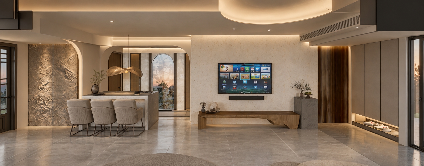 A professional architectural photograph of the contemporary open-concept interior, captured with an ultra-wide tilt-shift lens maintaining straight vertical lines and precise optical clarity. Soft dusk daylight blends harmoniously with crisp 4000K indirect cove lighting along the curved ceiling, floating cabinets, and recessed alcoves, casting natural ambient occlusion and grounded contact shadows. The central TV wall displays realistic matte plaster texture, complemented by the authentic wood grain of the organic low bench, a tactile rough-hewn stone feature wall on the left, and finely woven textile upholstery on the counter stools. Smooth, large-format floor tiles reflect gentle, diffused highlights with subtle surface micro-variations. The entire scene exhibits balanced dynamic range, neutral color grading, zero digital artificiality, and a refined, authentic RAW photograph aesthetic.