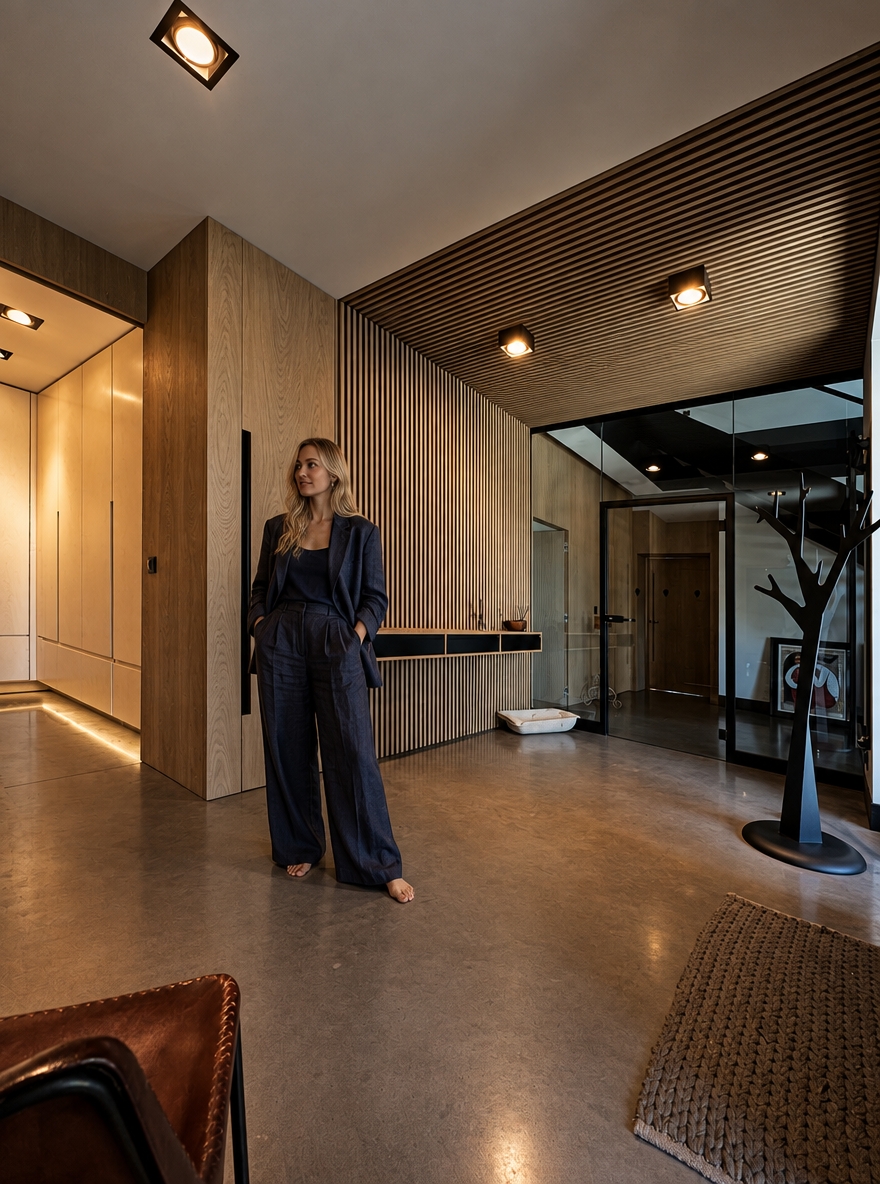 HYPER-REALISTIC ARCHITECTURAL INTERIOR PHOTOGRAPHY — ABSOLUTE REFERENCE PRESERVATION Transform this reference image into an ultra-realistic, high-end architectural lifestyle photograph while preserving absolutely everything visible in the original image. Use the reference image as the exact visual source of truth. The transformation is primarily about photographic realism, material realism, surface texture, lighting, atmosphere, depth, natural imperfections, and realistic human integration. The existing interior design, architecture, finishes, materials, furniture, objects, proportions, perspective and composition must remain unchanged. Do not redesign the interior. Do not reinterpret the interior. Do not replace existing materials. Do not change existing finishes. Do not change the existing colour palette. Do not change the architectural design. Do not change the furniture arrangement. Do not change the composition. The final image must look like the exact same interior photographed professionally with a high-end full-frame camera, with dramatically improved photographic realism and material quality. ================================================== ABSOLUTE PRESERVATION — HIGHEST PRIORITY ================================================== Preserve exactly: - existing architecture - room geometry - proportions - dimensions - walls - ceiling - floor - kitchen island - cabinetry - cabinet layout - tall units - wall panels - backsplash - countertops - appliances - sink - faucet - lighting fixtures - furniture - lounge chair - curtains - decorative objects - accessories - windows - glazing - doors - openings - existing materials - existing colours - existing finishes - object placement - spatial relationships - camera position - camera height - focal-length appearance - perspective - viewing direction - framing - crop - composition - visual hierarchy Do not add architectural elements. Do not remove architectural elements. Do not relocate anything. Do not resize anything. Do not simplify anything. Do not reconstruct anything. Do not modernize anything. Do not make the interior more luxurious by changing its design. Do not make the interior more minimal. Do not change the existing material palette. Do not change the existing colour palette. The original interior design must remain completely intact. ================================================== PRIMARY TRANSFORMATION ================================================== The only intended transformation is: 1. dramatically improve photographic realism 2. improve existing material texture quality 3. improve surface micro-detail 4. improve physically accurate light–material interaction 5. improve realistic reflections 6. improve realistic shadows 7. improve natural depth and tonal transitions 8. improve photographic atmosphere 9. naturally integrate the woman into the existing interior The final image must remain visually identical to the original reference in architecture, design, materials, furniture, objects, spatial relationships, camera and composition. ================================================== OVERALL MOOD ================================================== Create a dark, moody, low-key architectural photography atmosphere. The interior should feel: - warm - quiet - luxurious - sophisticated - intimate - calm - tactile - contemporary - naturally lived-in - architecturally refined Use restrained cinematic underexposure. The image should feel atmospheric and sophisticated rather than dramatically stylized. Maintain deep blacks and controlled shadows while preserving sufficient material information in darker areas. The mood must come from: - realistic exposure - warm artificial light - soft natural daylight - realistic material response - subtle shadow depth - controlled highlights - natural tonal transitions No excessive cinematic stylization. No exaggerated contrast. No crushed shadow detail. No artificial HDR. No excessive bloom. No artificial colour grading. ================================================== LIGHTING — CRITICAL PRIORITY ================================================== Physically accurate architectural photography lighting. Use deliberate cinematic underexposure while maintaining realistic exposure relationships between the interior, woman, furniture, walls, floor, cabinetry, kitchen island, ceiling, and all architectural elements. Warm artificial lighting approximately 2700–3000K remains restrained, soft, directional, and realistic. The warm artificial light should gently graze the existing warm natural wood surfaces and architectural elements, revealing their authentic natural grain, fine pores, subtle surface imperfections, micro-texture, and material depth primarily through controlled highlights and soft shadow transitions. Do NOT turn the existing wood into walnut. Do NOT darken the existing wood. Do NOT make the wood orange. Do NOT make the wood reddish. Do NOT change the existing wood colour. The warm light may create subtle warm tonal influence on the existing wood, but the underlying material and colour must remain faithful to the reference. Natural sunlight remains present and readable. Soft natural daylight enters the space naturally through the existing glazing and interacts with: - the dark floor - kitchen island - existing natural wood cabinetry - original wall surfaces - black architectural elements - countertop - furniture - curtains - decorative objects - the woman Natural daylight should create: - soft realistic highlights - subtle reflections - realistic shadow transitions - believable colour transitions - natural light falloff - physically accurate ambient illumination Maintain realistic exposure relationships between the brighter window area and the darker interior. The window area may remain naturally brighter than the interior, but it should retain believable photographic detail and must not appear artificially blown out. Use realistic: - indirect illumination - global illumination - bounce light - ambient occlusion - contact shadows - cast shadows - reflected light - natural colour bounce - realistic light falloff - physically accurate shadow density The woman must receive exactly the same lighting conditions as the surrounding architecture. Her skin, hair and navy clothing must respond naturally to the same warm artificial light and natural daylight. The woman must NOT appear separately illuminated. No beauty lighting. No studio lighting. No spotlight on the woman. No artificial rim light. No dramatic backlight added specifically for the woman. No artificial glow. No theatrical lighting. No visible light beams. No excessive volumetric light. No excessive bloom. No lens flare. No stylized lighting effects. The final lighting must look as though the entire scene — architecture, furniture, materials and woman — was photographed simultaneously inside the real interior. ================================================== EXISTING WOOD — PRESERVE EXACTLY ================================================== Preserve the existing warm natural wood cabinetry and wall elements exactly as shown in the reference. The existing wood colour must remain unchanged. Do NOT transform it into: - dark walnut - black wood - orange wood - reddish wood - yellow oak - grey wood - artificially stained wood Do not change the apparent species or visual identity of the existing wood. Only improve the realism and texture quality. The existing wood should look like authentic high-end natural architectural veneer photographed in real life. Create extremely realistic: - fine natural grain - subtle longitudinal grain direction - delicate pore structure - microscopic tonal variation - natural growth variation - subtle differences between veneer sheets - realistic veneer transitions - subtle surface irregularities - extremely fine tactile texture - realistic edge definition - natural light absorption - physically accurate reflectivity - subtle dimensional depth The grain should remain relatively calm, elegant and architectural. Avoid exaggerated rustic grain. Avoid dramatic knots. Avoid excessive contrast in the grain. Avoid repetitive patterns. Avoid cloned grain. Avoid procedural texture. Avoid perfectly uniform surfaces. Avoid excessive sharpening. The wood should look more realistic, not different. ================================================== WOOD SURFACE FINISH ================================================== Preserve the existing matte-to-satin appearance. Use subtle, physically accurate reflectivity. The surface should contain: - soft diffuse reflection - extremely subtle highlights - realistic micro-roughness - visible but restrained grain - natural pore structure - slight imperfections - realistic material depth The wood must never appear: - plastic - laminated - artificially glossy - artificially dark - synthetic - flat - CGI-generated ================================================== WALLS — ORIGINAL FINISH PRESERVED ================================================== Preserve the existing wall finish exactly as shown in the reference. Do NOT replace the walls with: - walnut - wood - concrete - stone - marble - decorative plaster - microcement - architectural panels - another material Do NOT change their colour. Do NOT change their geometry. Do NOT add cladding. Do NOT remove wall surfaces. Only improve their texture and photographic realism. The original wall surface should gain subtle: - micro-texture - natural surface irregularities - very fine tonal variation - realistic diffuse response - subtle pores - natural imperfections - believable material depth - realistic interaction with light The texture must remain subtle. It should be visible primarily through realistic light grazing across the surface rather than exaggerated artificial detail. The walls must still look exactly like the original walls. ================================================== CEILING — ORIGINAL FINISH PRESERVED ================================================== Preserve the existing ceiling exactly. Do not change: - colour - geometry - height - surface finish - lighting positions Improve only photographic realism. Create subtle natural tonal variation and realistic light falloff. No artificial texture. No decorative redesign. ================================================== BLACK ELEMENTS ================================================== Preserve all existing black elements exactly. This includes: - black cabinetry - black island - black backsplash - black vertical architectural elements - black curtains - black metal details - black frames - dark floor Do not change their colour. Do not lighten them. Do not replace them. Improve only their physical realism. Black surfaces should retain deep rich blacks while preserving subtle material information. Create realistic: - micro-roughness - soft reflections - subtle tonal variation - natural specular response - fine surface imperfections - realistic light absorption No artificial glossy black. No plastic black. No crushed black detail. No CGI appearance. ================================================== FLOOR — ORIGINAL DARK FINISH PRESERVED ================================================== Keep the existing dark floor exactly as shown in the reference. Do NOT replace it with concrete. Do NOT make it light grey. Do NOT change its colour. Do NOT change its geometry. Do NOT introduce new joints. Only improve its realism. Add extremely subtle: - natural micro-texture - fine surface variation - realistic diffuse reflection - subtle sheen - natural imperfections - physically accurate light reflection - realistic contact shadows The floor must remain dark, elegant and understated. No wet appearance. No mirror-like reflection. No excessive gloss. No plastic appearance. No artificial uniformity. ================================================== COUNTERTOPS ================================================== Preserve the existing countertop exactly. Maintain: - colour - geometry - thickness - edge profile - surface character - spatial position Improve only its physical realism. Create subtle: - mineral variation - micro-texture - realistic roughness - natural tonal variation - physically accurate reflection No material replacement. No colour change. ================================================== BLACK BACKSPLASH ================================================== Preserve the existing black backsplash exactly. Improve only: - surface depth - subtle micro-texture - realistic reflection - micro-roughness - light interaction - tonal variation Keep it dark, sophisticated and understated. No mirror effect. No excessive gloss. ================================================== METAL ELEMENTS ================================================== Preserve all existing metal fixtures and hardware exactly. This includes: - faucet - handles - lighting details - metal frames - other visible metal components Maintain their existing colour and finish. Improve: - realistic metal reflectivity - subtle imperfections - physically correct highlights - realistic edge reflections - natural interaction with surrounding light No exaggerated chrome. No excessive sharp reflections. ================================================== GLASS AND WINDOWS ================================================== Preserve the existing glazing and window frames exactly. Glass should remain physically realistic with: - subtle transparency - realistic reflections - slight atmospheric variation - natural exterior light - physically accurate refraction Do not alter the window dimensions. Do not redesign the glazing. Do not change the exterior architecture visible through the glass. ================================================== CURTAINS AND TEXTILES ================================================== Preserve the existing curtains and textiles exactly. Improve their realism through: - authentic textile structure - subtle individual fibre detail - natural folds - gravity-driven draping - realistic compression - realistic light absorption - natural shadow behaviour No artificial smoothing. No synthetic appearance. ================================================== MATERIAL REALISM ================================================== All materials must exhibit physically accurate behaviour under the existing lighting. Every surface should contain subtle real-world micro-imperfections appropriate to its material. Upholstered fabrics should show: - realistic textile density - subtle individual fibres - soft light absorption - natural creasing - subtle compression - realistic shadow behaviour Stone and mineral surfaces should feel: - heavy - tactile - dense - physically real - subtly porous - naturally varied Glass should remain: - physically transparent - subtly reflective - naturally refractive Metal should remain: - subdued - physically reflective - controlled in its highlights Wood should remain: - natural - warm - tactile - subtly textured - physically dimensional No material should appear excessively glossy or artificially perfect. ================================================== WOMAN — SAME WOMAN AS PREVIOUSLY CREATED ================================================== Add the SAME blonde woman from the previously created reference. She must visually correspond to the exact same woman previously generated. Do NOT generate a different woman. Do NOT create a generic blonde model. Preserve the same: - blonde hair character - hairstyle - facial proportions - facial character - natural expression - body type - body proportions - feminine silhouette - age appearance - overall appearance - relaxed personality - photographic quality She should look like the exact same real woman photographed during the same professional architectural photoshoot. ================================================== WOMAN — NATURAL APPEARANCE ================================================== Naturally beautiful adult blonde woman. Long, loose, softly wavy blonde hair. Warm natural blonde colour with subtle darker blonde roots and realistic tonal variation. Individual hair strands must be visible. Hair should contain: - natural flyaway strands - realistic density - believable volume - subtle irregularities - natural highlights - realistic interaction with ambient light Facial features should be refined but completely natural. Preserve subtle natural facial asymmetry. Skin should contain: - realistic pores - tiny imperfections - subtle tonal variation - believable translucency - physically accurate subsurface scattering - natural highlights - realistic shadow transitions No plastic skin. No airbrushed skin. No artificial beauty filter. No excessive smoothing. No mannequin appearance. No generic AI face. No excessive beauty retouching. ================================================== OUTFIT — SAME DESIGN, DEEP NAVY BLUE ================================================== The woman wears the SAME relaxed two-piece outfit from the original prompt, but the colour is changed to sophisticated deep navy blue. The outfit consists of: - relaxed oversized beige-style tailored blazer silhouette - matching very wide-leg full-length trousers - flowing wide trouser silhouette - relaxed contemporary tailoring - understated luxury aesthetic - premium linen-look textile - matte tactile surface The design, cut, proportions and silhouette must remain the same. Only the colour changes. The outfit colour must be: - deep navy blue - rich dark navy - sophisticated - slightly desaturated - elegant - architectural The navy must remain visibly navy rather than becoming black. Avoid: - bright blue - royal blue - electric blue - cyan - turquoise - purple-blue - overly saturated blue The navy fabric should respond naturally to the warm interior lighting. Warm light may create extremely subtle warm tonal influence on the fabric while the garment remains clearly deep navy. ================================================== CLOTHING REALISM ================================================== The navy outfit must look like genuine premium linen or very high-quality linen-look fabric. Include: - authentic fibre structure - subtle weave visibility - natural weave irregularities - realistic textile density - natural wrinkles - soft creasing - realistic compression - gravity-driven folds - slight irregularity - natural tension around elbows - realistic folds around waist - realistic folds around hips - natural draping around legs - matte light absorption - subtle highlights only where fabric catches light The trousers must remain VERY WIDE, flowing and full-length. The trouser legs should naturally fall toward the floor with realistic weight and gravity. The blazer should remain relaxed and slightly oversized. No synthetic appearance. No plastic texture. No glossy fabric. No excessive stiffness. No fashion illustration. No different outfit. No dress. No skirt. No jeans. No narrow trousers. No leggings. No bright colours. No logos. No unnecessary accessories. ================================================== BAREFOOT ================================================== The woman is barefoot. Her feet must be: - anatomically correct - naturally positioned - correctly proportioned - physically grounded - realistic in scale Use subtle physically accurate contact shadows. No floating feet. No distorted toes. No anatomical errors. ================================================== POSE ================================================== The woman stands naturally and calmly within the existing interior. Her posture is: - relaxed - subtle - elegant - believable - spontaneous Avoid a fashion-model pose. Avoid exaggerated body language. Avoid dramatic gestures. Use natural weight distribution. Relaxed shoulders. Subtle asymmetry. Natural arms and hands. Natural posture. She should look as though she is naturally inhabiting the kitchen during an architectural photoshoot. She should NOT appear to be intentionally posing for the camera. ================================================== HUMAN SCALE ================================================== Maintain physically correct human scale relative to: - kitchen island - cabinetry - countertop - doors - walls - floor - furniture - architectural openings - ceiling height - surrounding objects The woman must be correctly integrated into the spatial perspective. No oversized body. No undersized body. No distorted proportions. ================================================== HYPER-REALISTIC HUMAN DETAIL ================================================== The woman must look completely real. Skin: - realistic pores - subtle fine lines - natural imperfections - realistic tonal variation - believable translucency - soft subsurface scattering - natural highlights - realistic shadow transitions Hair: - individual strands - natural flyaway hairs - realistic density - physically believable volume - subtle tonal variation - natural highlights - realistic interaction with ambient light Hands: - anatomically correct hands - realistic fingers - correct finger proportions - natural joints - subtle skin folds - realistic nails Feet: - anatomically correct - realistic toes - realistic skin texture - natural weight distribution - accurate contact with floor ================================================== INTEGRATION WITH ARCHITECTURE ================================================== The woman must be physically integrated into the existing interior. She must receive exactly the same lighting conditions as the surrounding architecture. Her skin, hair and clothing must respond naturally to the same warm artificial light and natural daylight. Use physically accurate: - indirect illumination - reflected light - colour bounce - ambient occlusion - contact shadows - cast shadows - light falloff - exposure - depth - atmospheric interaction The existing warm natural wood should subtly influence the light falling onto her clothing and skin where physically appropriate. The dark floor should create subtle, physically accurate reflected ambient light. Her navy clothing should absorb and reflect light naturally according to its textile properties. Her presence must feel as if she was physically standing in the interior during the original architectural photoshoot. No cutout appearance. No pasted-on appearance. No halo. No edge artefacts. No mismatched sharpness. No mismatched colour temperature. No mismatched exposure. No artificial compositing. No artificial spotlight. ================================================== CAMERA AND COMPOSITION ================================================== The camera remains COMPLETELY LOCKED. Preserve exactly: - camera position - camera height - focal length - perspective - viewing direction - framing - crop - composition - architectural proportions - spatial relationships Do not move the camera. Do not zoom. Do not crop. Do not change the lens. Do not create another angle. Do not introduce another shot. Do not alter the perspective. The woman must be inserted into the existing composition without changing the framing. ================================================== DEPTH OF FIELD ================================================== Use natural full-frame architectural photography depth of field. Maintain realistic focus relationships between architecture and woman. No artificial excessive background blur. No cinematic fake bokeh. No exaggerated shallow depth of field. The image must retain sufficient architectural detail throughout the scene. ================================================== PHOTOGRAPHIC MICRO-DETAIL ================================================== Extremely realistic micro-contrast and organic sharpness. Natural full-frame camera rendering. Subtle optical characteristics of a professional architectural lens. Natural tonal roll-off. Realistic highlight behaviour. Realistic shadow transitions. Subtle film grain. No oversharpening. No excessive clarity. No HDR appearance. No artificial micro-contrast. No digital noise. ================================================== PHOTOGRAPHIC REALISM ================================================== The final image must look like a genuine high-end architectural photograph captured with a professional full-frame camera. It must NOT look like: - CGI - 3D render - computer-generated visualization - digital illustration - AI-generated interior - stylized image Use: - organic photographic sharpness - realistic micro-contrast - natural tonal roll-off - realistic highlights - realistic shadows - physically accurate reflections - natural material response - subtle optical characteristics - subtle film grain - authentic colour response No artificial perfection. ================================================== FINAL IMAGE QUALITY ================================================== Extreme detail. Hyper-realistic material definition. Organic photographic sharpness. Physically accurate light–material interaction. Natural human realism. Realistic architectural scale. Realistic reflections. Realistic shadows. Realistic textures. Realistic colour grading. Deep blacks. Controlled highlights. Natural tonal roll-off. Subtle film grain. Sophisticated editorial photography aesthetic. The final image must be completely indistinguishable from a real high-end architectural photograph captured on a professional full-frame camera. The architecture must remain exactly as in the reference. The materials must remain exactly as in the reference. The colours of the interior must remain exactly as in the reference. The camera must remain exactly as in the reference. The composition must remain exactly as in the reference. The woman must look like the SAME blonde woman previously created. She must wear the SAME two-piece outfit design, but in deep navy blue. She must appear completely real, natural, anatomically correct, physically grounded, and perfectly integrated into the architectural photograph. ================================================== FINAL NEGATIVE CONSTRAINTS ================================================== NO CHANGE TO ARCHITECTURE. NO CHANGE TO WALL FINISH. NO CHANGE TO FLOOR FINISH. NO CHANGE TO WOOD COLOUR. NO DARK WALNUT. NO LIGHT CONCRETE. NO MATERIAL REPLACEMENT. NO CHANGE TO CABINETRY. NO CHANGE TO FURNITURE. NO CHANGE TO OBJECT PLACEMENT. NO CHANGE TO LIGHTING DESIGN. NO CHANGE TO CAMERA. NO CHANGE TO PERSPECTIVE. NO CHANGE TO COMPOSITION. NO REDESIGN. NO REARRANGEMENT. NO NEW ARCHITECTURAL ELEMENTS. NO CGI LOOK. NO 3D RENDER LOOK. NO AI-GENERATED LOOK. NO DIGITAL ILLUSTRATION. NO STYLIZATION. NO ARTIFICIAL PERFECTION. NO PLASTIC MATERIALS. NO PLASTIC SKIN. NO FAKE WOOD GRAIN. NO PROCEDURAL TEXTURES. NO CLONED TEXTURES. NO EXCESSIVE WOOD GRAIN. NO EXCESSIVE GLOSS. NO ARTIFICIAL MIRROR REFLECTIONS. NO ARTIFICIAL HDR. NO EXCESSIVE SHARPNESS. NO ARTIFICIAL BOKEH. NO THEATRICAL LIGHTING. NO LIGHT BEAMS. NO LENS FLARE. NO EXCESSIVE BLOOM. NO ARTIFICIAL SPOTLIGHT ON WOMAN. NO BEAUTY LIGHTING. NO FASHION-MODEL POSE. NO CHILDREN. NO ADDITIONAL PEOPLE. NO DIFFERENT WOMAN. NO GENERIC AI FACE. NO BEAUTY FILTER. NO MANNEQUIN APPEARANCE. NO DISTORTED HANDS. NO DISTORTED FEET. NO ANATOMICAL ERRORS. NO FLOATING BODY. NO CUTOUT EFFECT. NO HALO. NO EDGE ARTEFACTS. NO COMPOSITING ARTEFACTS. NO MISMATCHED LIGHTING. NO MISMATCHED EXPOSURE. NO MISMATCHED COLOUR TEMPERATURE. NO MISMATCHED SHARPNESS. ================================================== FINAL DIRECTIVE ================================================== Preserve the exact original kitchen. Preserve the exact original architecture. Preserve the exact original materials. Preserve the exact original wall finish. Preserve the exact original warm natural wood. Preserve the exact original dark floor. Preserve the exact original black elements. Preserve the exact original furniture and objects. Preserve the exact original camera and composition. Improve ONLY photographic realism, material texture, micro-detail, lighting realism, surface depth, reflections, shadows and natural human integration. Maintain the dark, moody, warm, sophisticated luxury atmosphere of the original prompt. Use realistic 2700–3000K warm artificial lighting combined with soft natural daylight. Keep the interior deliberately slightly underexposed while preserving realistic material information. The woman must be the same blonde woman as previously created. She must wear the same wide-leg two-piece outfit design in sophisticated deep navy blue. She must look physically present inside the space, naturally illuminated by the exact same lighting as the architecture. The final result must look like a real professional architectural photograph, not a redesigned interior and not a CGI visualization.