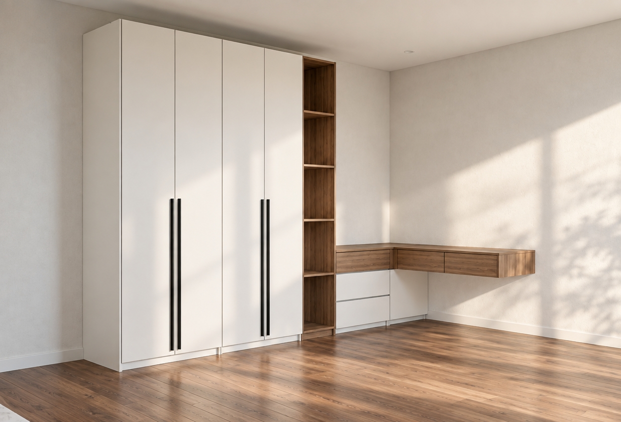 A crisp architectural photograph of the interior scene, retaining the exact composition and geometry while illuminated by bright, soft natural daylight streaming in from a large off-camera window along the right wall. The directional sunlight produces gentle gradations across the smooth matte-white wardrobe panels, highlighting the tactile walnut grain of the tall open bookcase, floating corner desk, and drawers. Realistic ambient occlusion and soft contact shadows ground the cabinetry onto the rich, semi-gloss wood plank floor, rendered with balanced neutral color temperature, subtle surface micro-textures, and clear photographic depth.