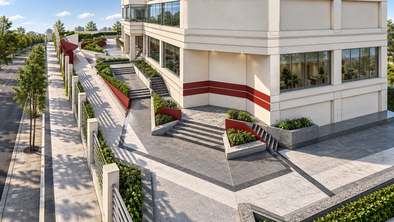 A crisp architectural photograph of the commercial complex exterior under bright daytime sun. The multi-tiered walkways and stairs feature a realistic mix of light and dark gray granite paving with natural stone textures and precise joint lines. The building facade is finished in a smooth, creamy off-white architectural plaster with reflective glass ribbon windows, while the designated geometric accents stand out in a rich, matte crimson. Defined planter beds are filled with lush green shrubs and ornamental vegetation strictly conforming to the existing geometry. Clean natural sunlight casts distinct, soft-edged shadows across the tiered levels, capturing authentic surface roughness, balanced outdoor exposure, and subtle lens vignetting.