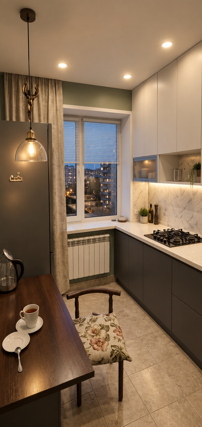 A photorealistic interior photograph preserving the exact perspective and composition, depicting the upper kitchen cabinets extended flush to the ceiling and all cabinetry updated to sleek, handleless push-to-open fronts. A modern built-in gas cooktop with cast-iron grates is integrated into the middle section of the white speckled countertop beneath the marble-patterned backsplash. The scene is illuminated by warm recessed spotlights and the glowing glass pendant lamp, balanced against the cool twilight visible through the window blinds. Realistic surface details include soft reflections on the dark matte lower cabinets, subtle fabric creasing on the floral chair cushion, natural sheen on the dark wood tabletop, and delicate lens blooming and grain typical of low-light architectural photography.