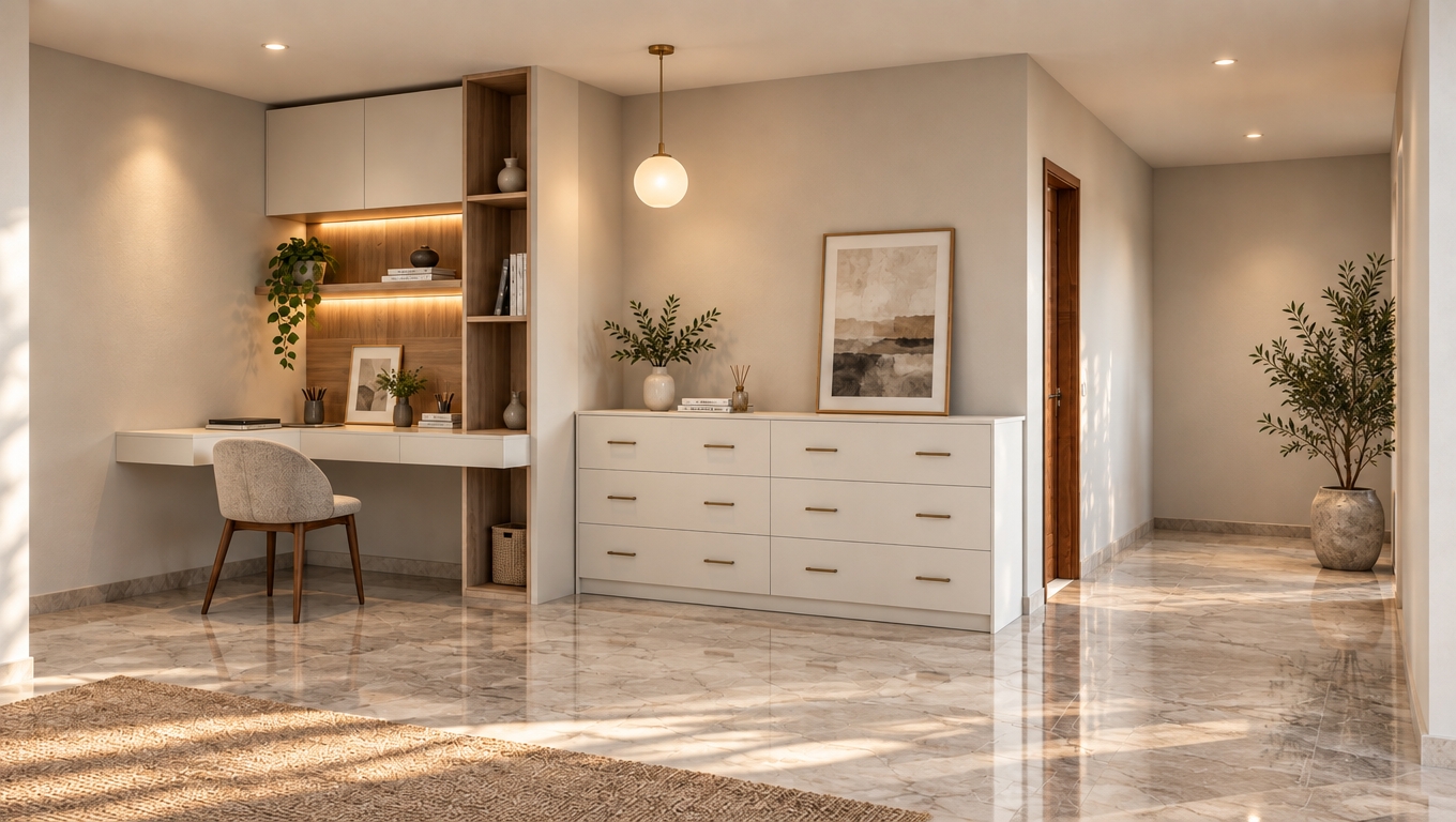 An incredibly lifelike, richly detailed, photorealistic interior shot of a contemporary living area set in a refined, airy home. The scene is illuminated by the soft, golden glow of sculptural orb pendant lighting and integrated warm LED cabinetry strips, creating a serene and sophisticated atmosphere. Captured with a 35mm wide-angle lens, the composition emphasizes the interplay between the cool, polished marble flooring and the warm, textured wood grain of the built-in workstation. 

The space exudes contemporary elegance through its clean-lined, minimalist aesthetic, balancing shades of warm white, pearl, and champagne. A sleek, wall-mounted desk transitions seamlessly into floor-to-ceiling shelving, displaying curated decor and a slim-profile photography book. Adjacent, a matte white six-drawer dresser acts as a subtle anchor, topped with abstract, earth-toned wall art that harmonizes with the soft gray undertones of the room. The inclusion of a lush, potted olive tree and a trailing pothos plant adds a touch of organic vitality to the tailored, polished environment, while recessed downlights cast gentle, long shadows across the reflective stone surfaces, enhancing the sense of depth and architectural balance.
