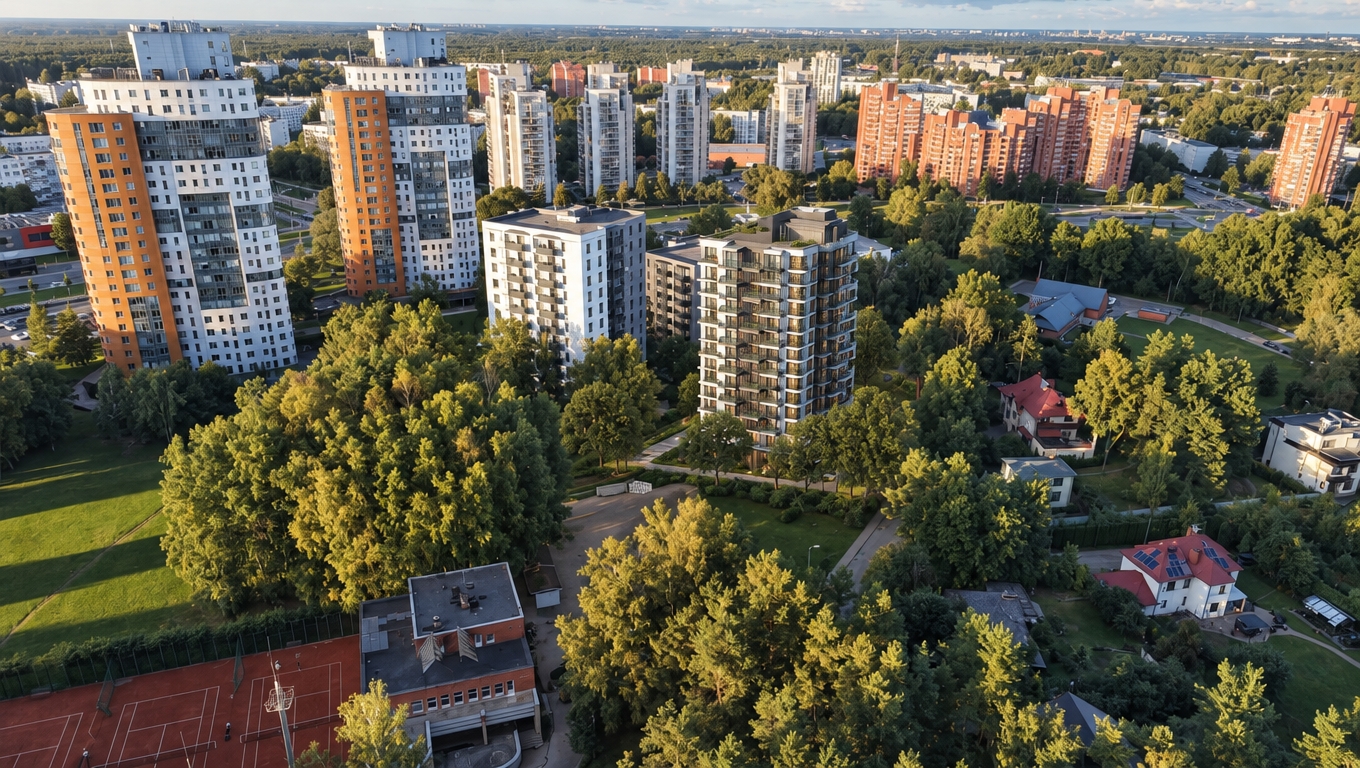 A crisp high-angle aerial drone photograph capturing the modern multi-story residential building seamlessly integrated into the surrounding city and lush tree canopy, strictly preserving the original perspective, geometry, and composition. The building's facade features textured white terrazzo panels alongside multi-toned architectural concrete, accented by sleek matte-dark window frames and transparent glass balcony railings. Select balconies display delicate potted flowers and subtle resident silhouettes, while warm interior lights glow softly behind windows amidst natural daylight reflections. Realistic afternoon sunlight casts authentic directional shadows matching the surrounding environment, grounding the structure naturally into the dense pine and deciduous trees with fine micro-textures and subtle atmospheric haze.
